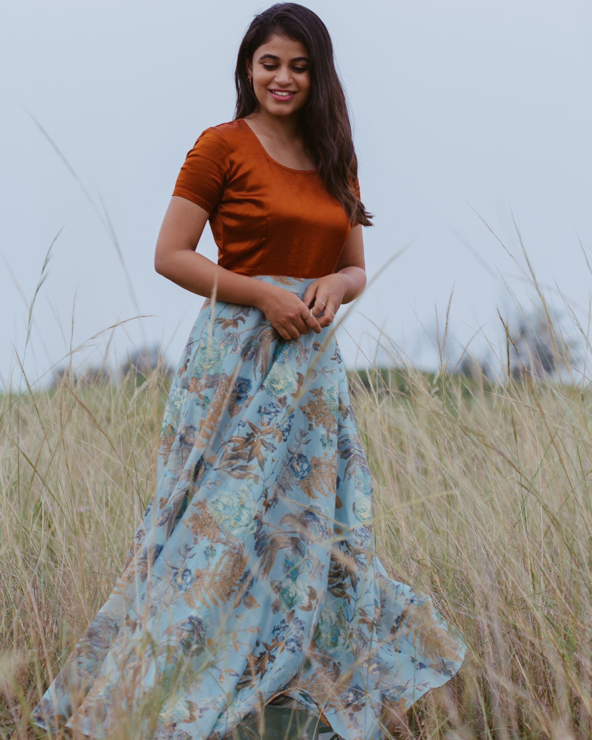 Brown mashru silk and blue floral organza flared dress