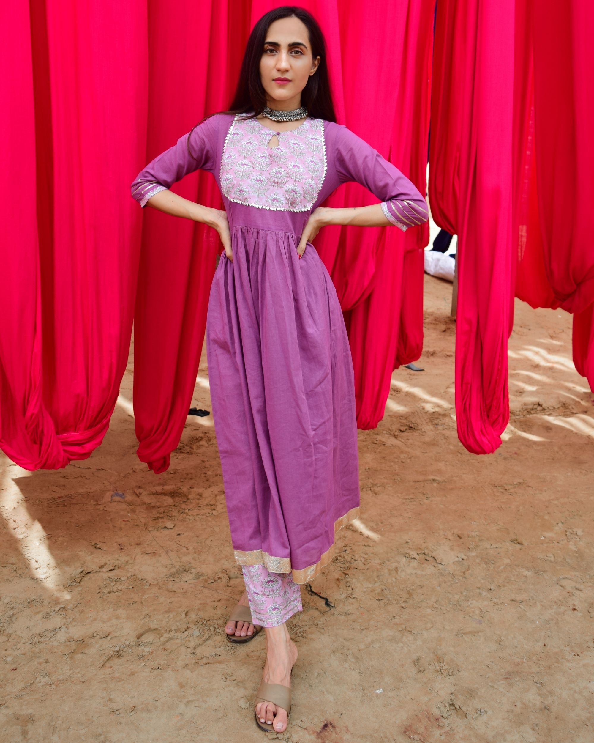 Purple and pink yoke kurta and mulmul slip with hand block printed pants - set of three