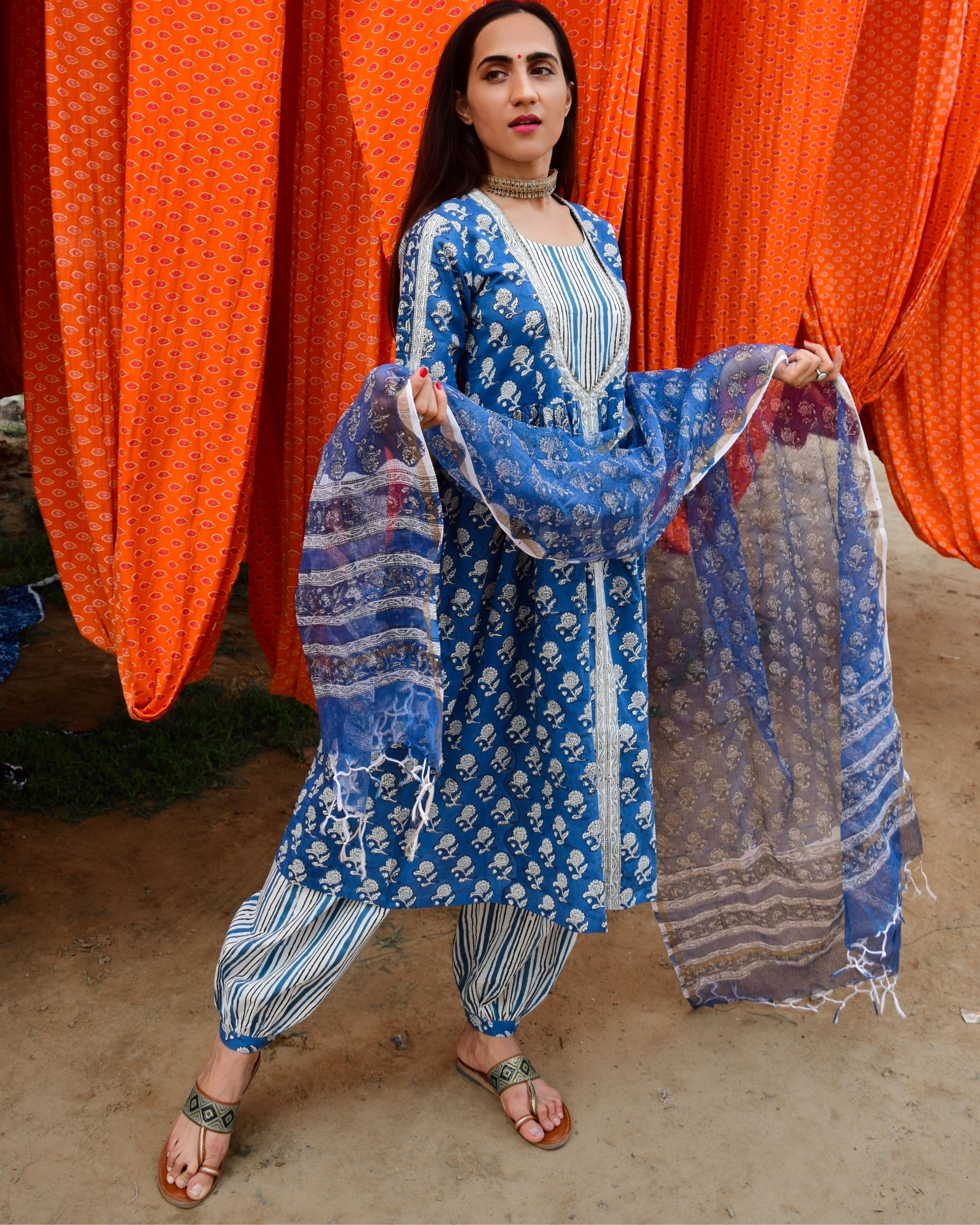 Indigo rozana mughal hand block printed kurta and afghan pant with hand printed kota dupatta - set of three