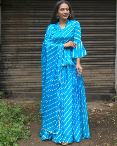 Light blue tie and dye lehenga set - set of three by Chokhi Bandhani ...