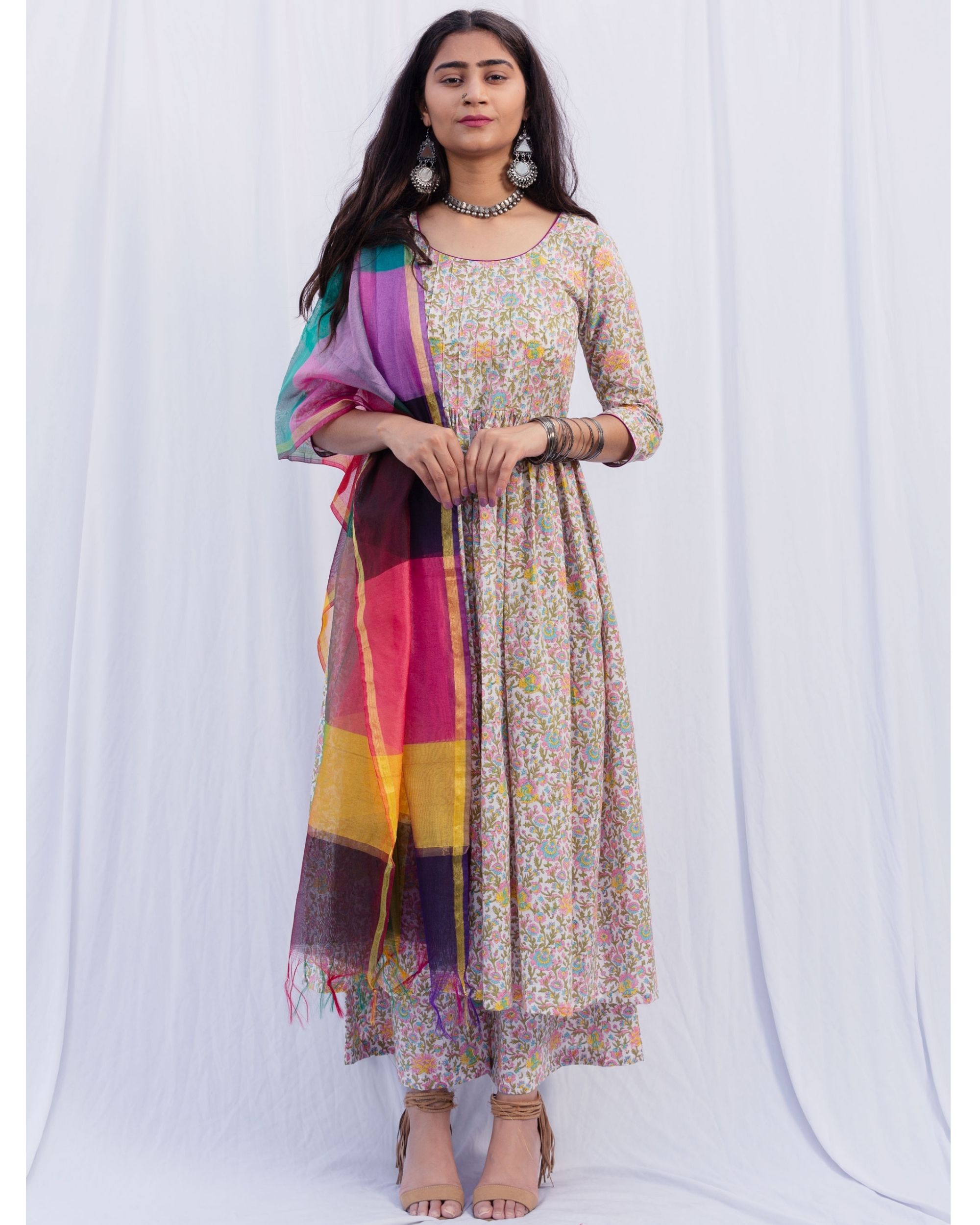 Multi-colour floral pintuck kurta and pants with pure chanderi multi-colour duppatta - set of two