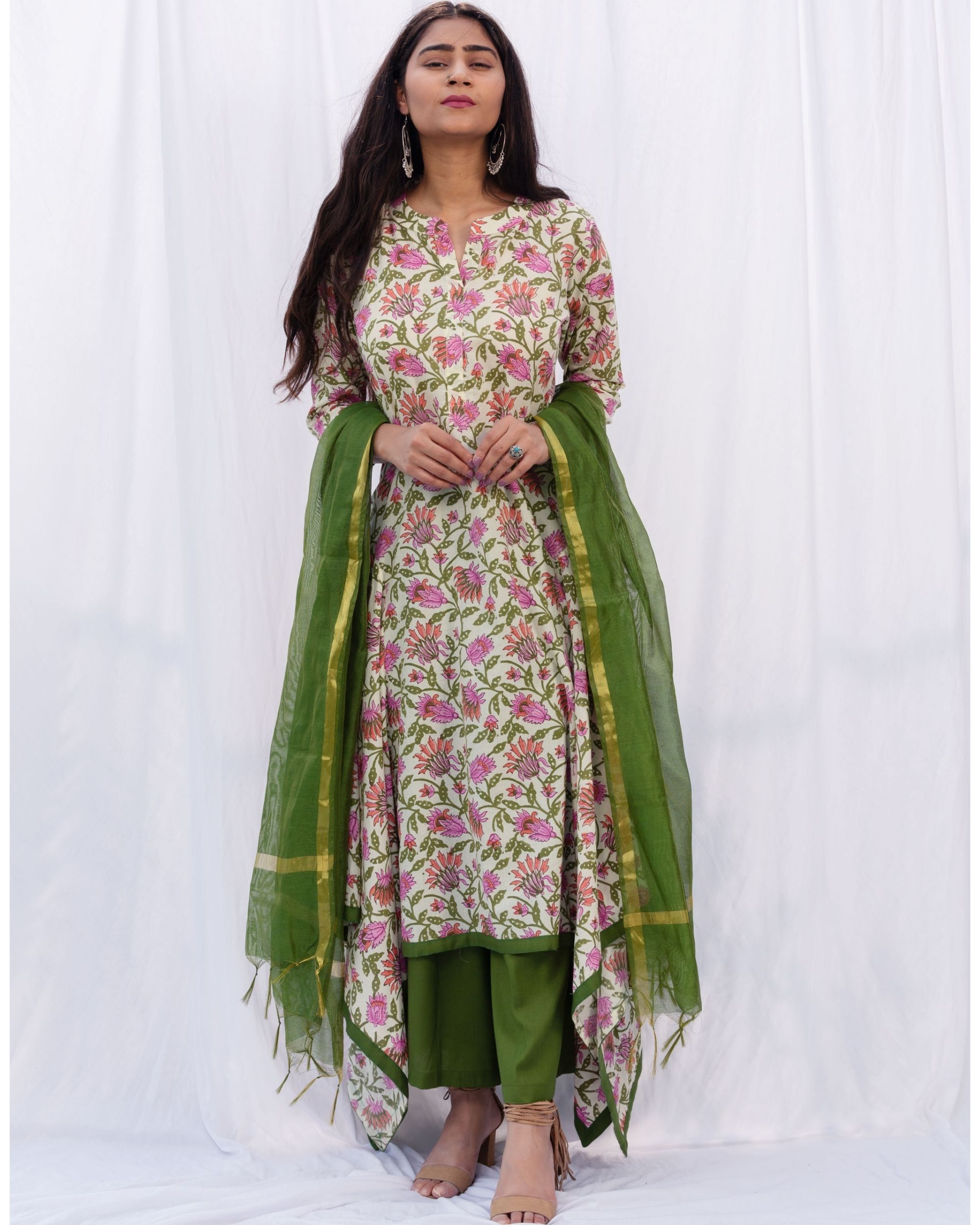 Floral jaal assymentric anarkali and green palazzo with dupatta - set of three