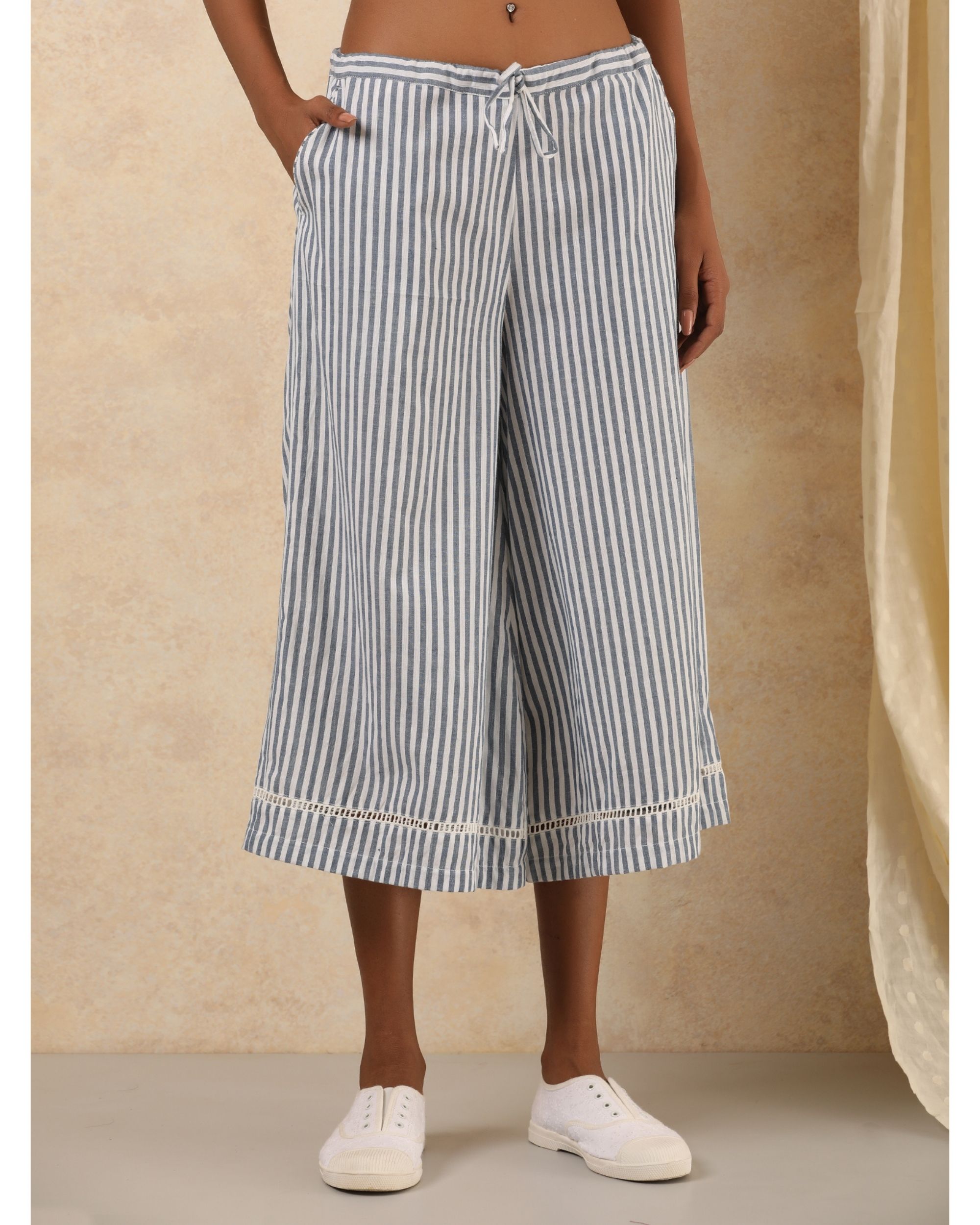 Blue and white pinstripe cotton pants