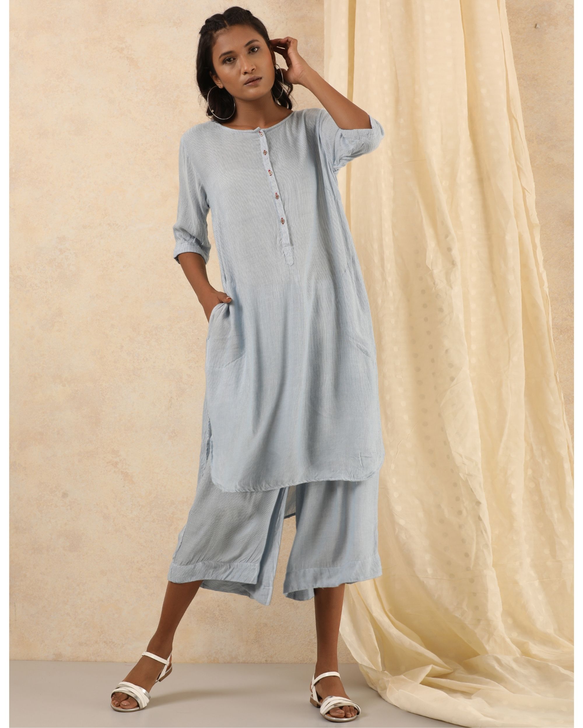 Blue and white kurta with cotton modal pants - set of two
