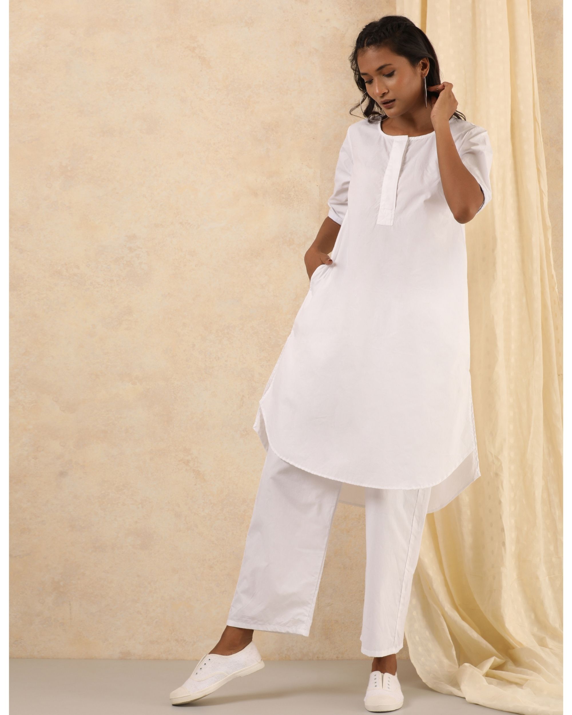 White cotton kurta with white pants - set of two