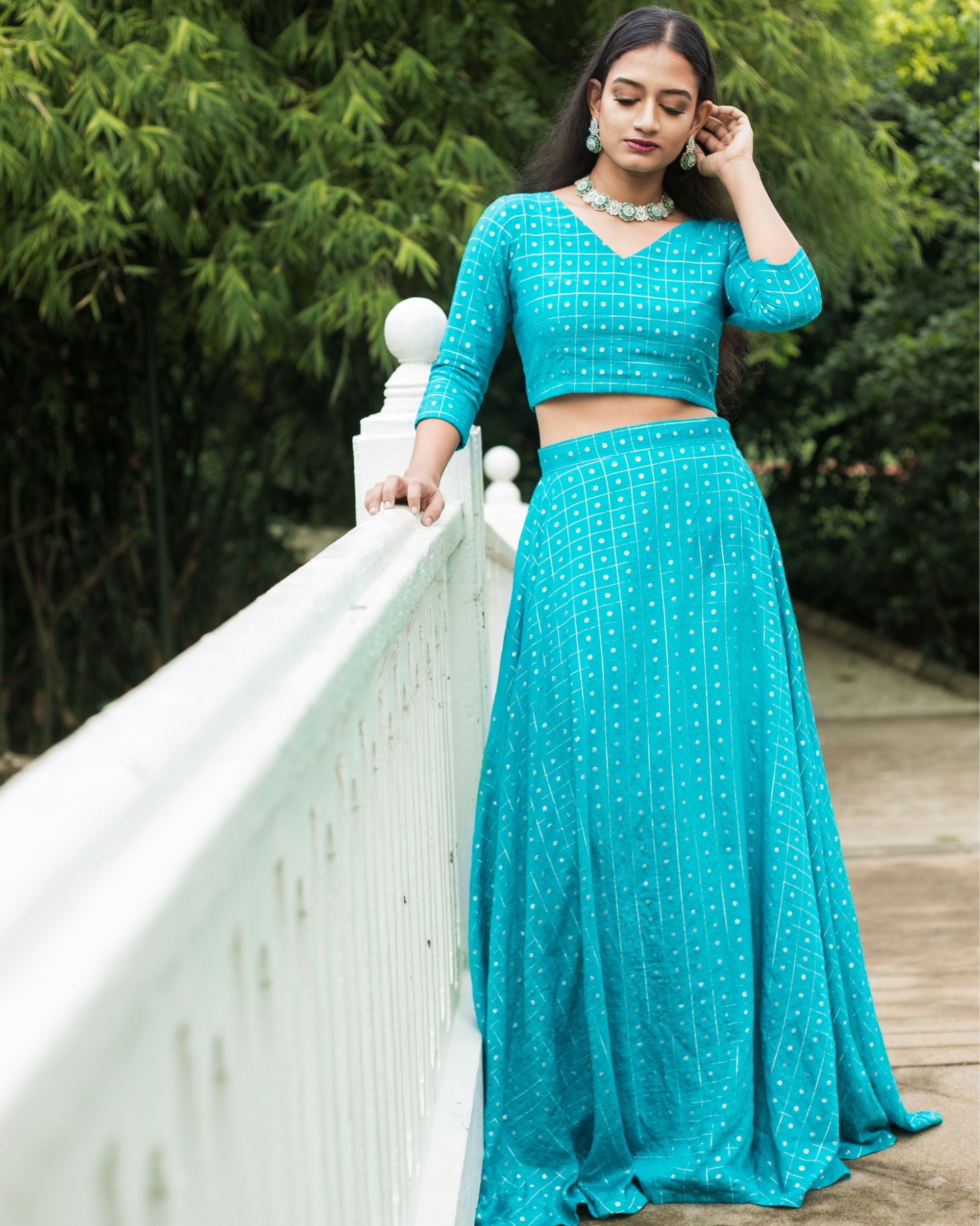 Aqua blue zari butta crop top with skirt - set of two by Niram