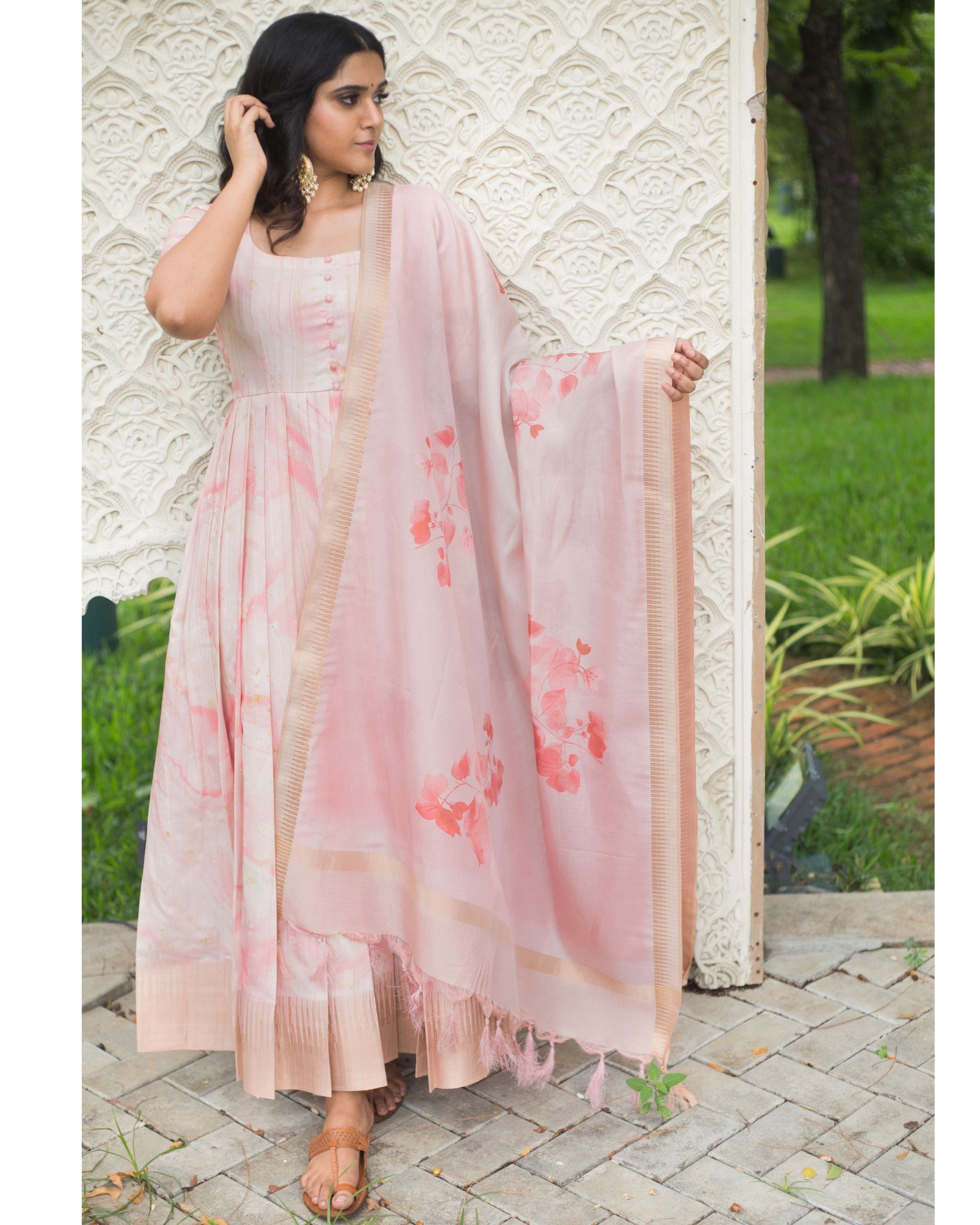 Baby pink floral printed pleated dress with dupatta - set of two