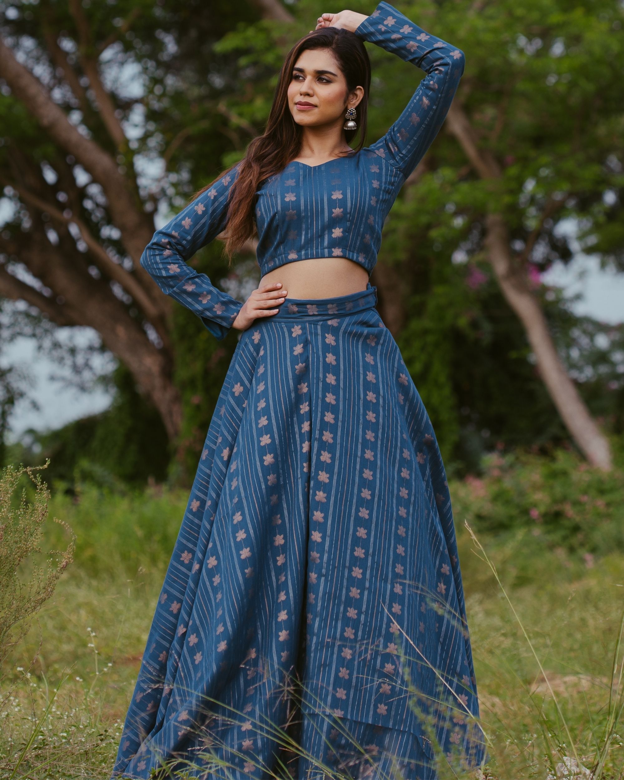 Blue lotus woven crop top with skirt - set of two