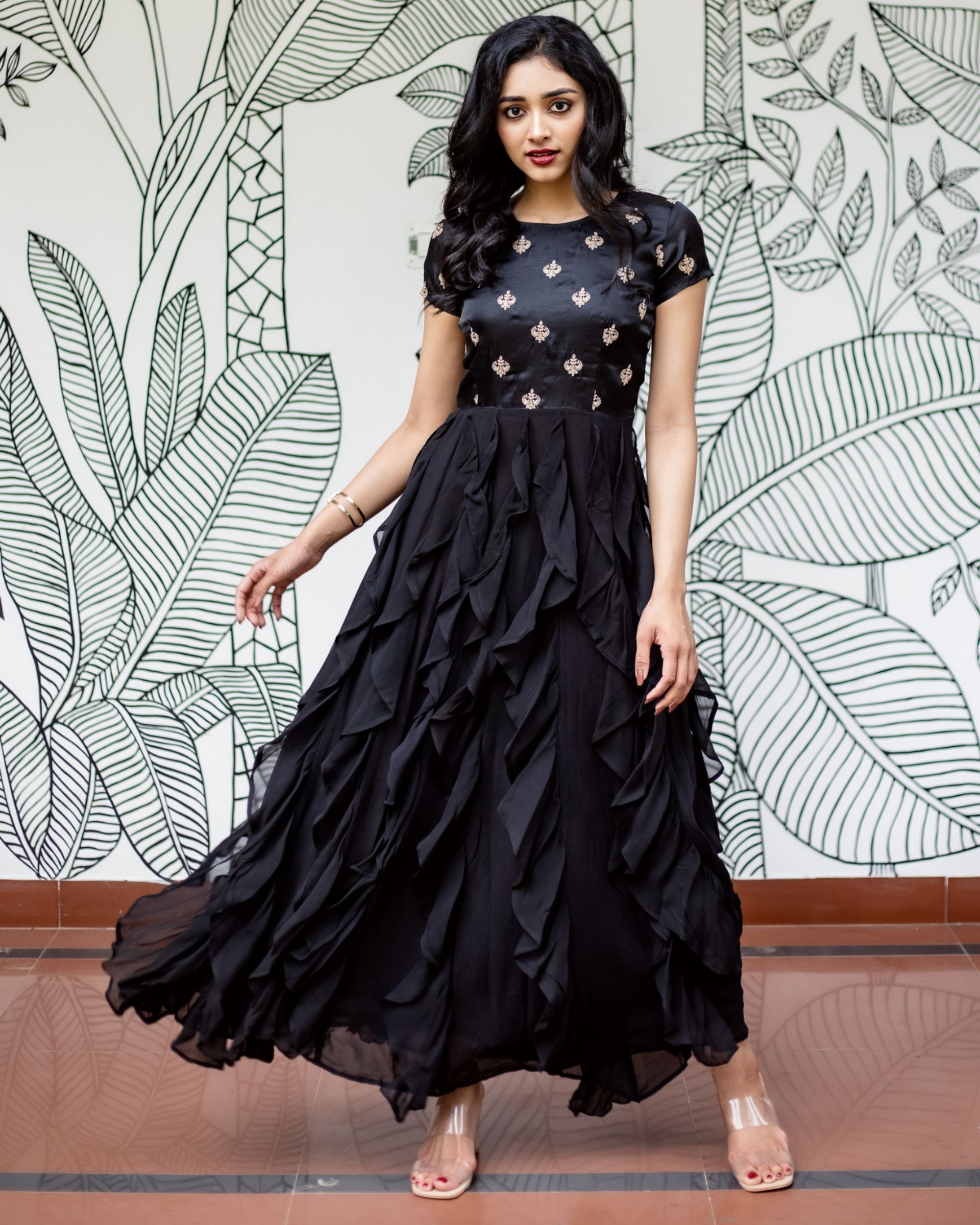 Black embroidered ruffled dress