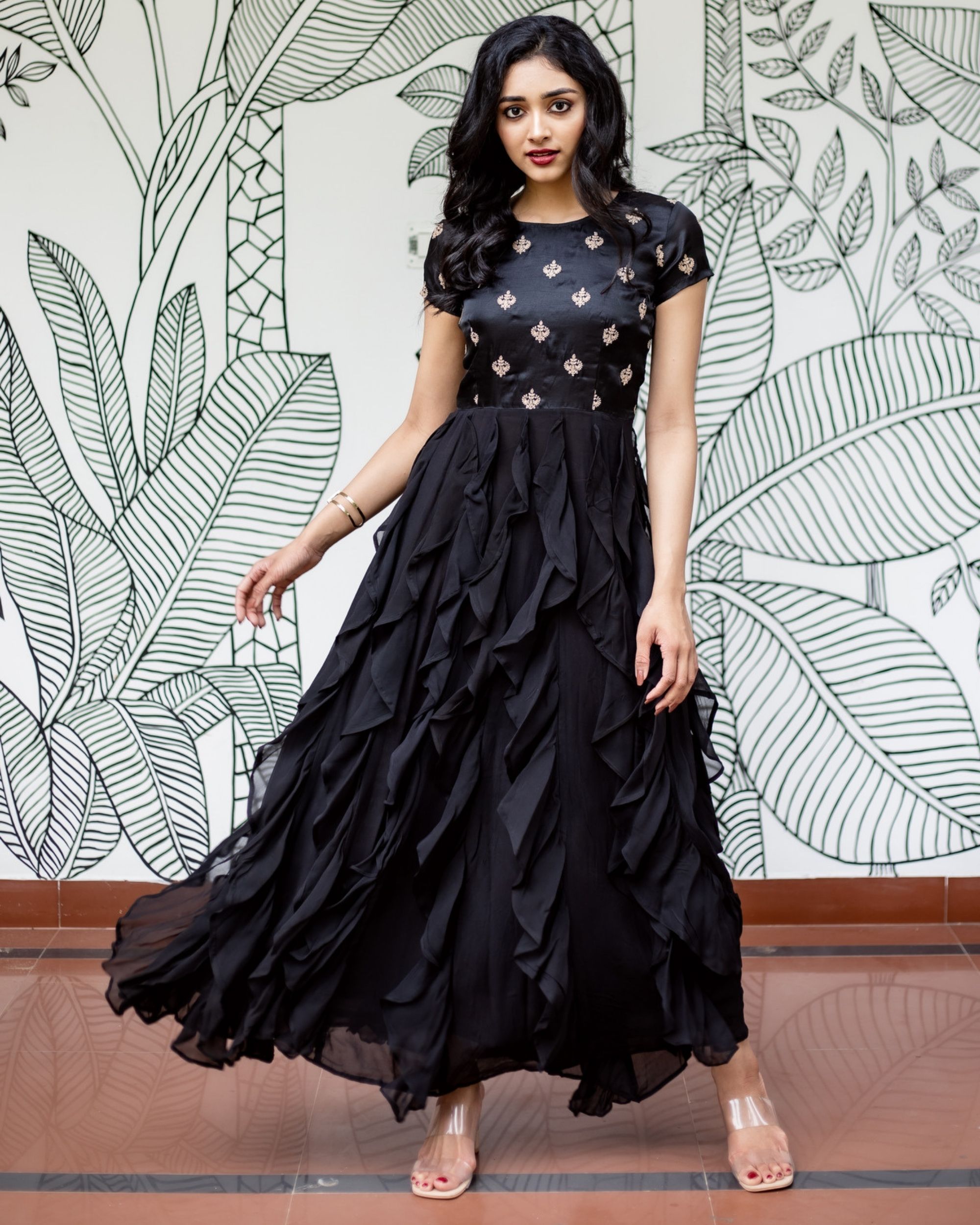 Black embroidered ruffled dress by Athira Designs