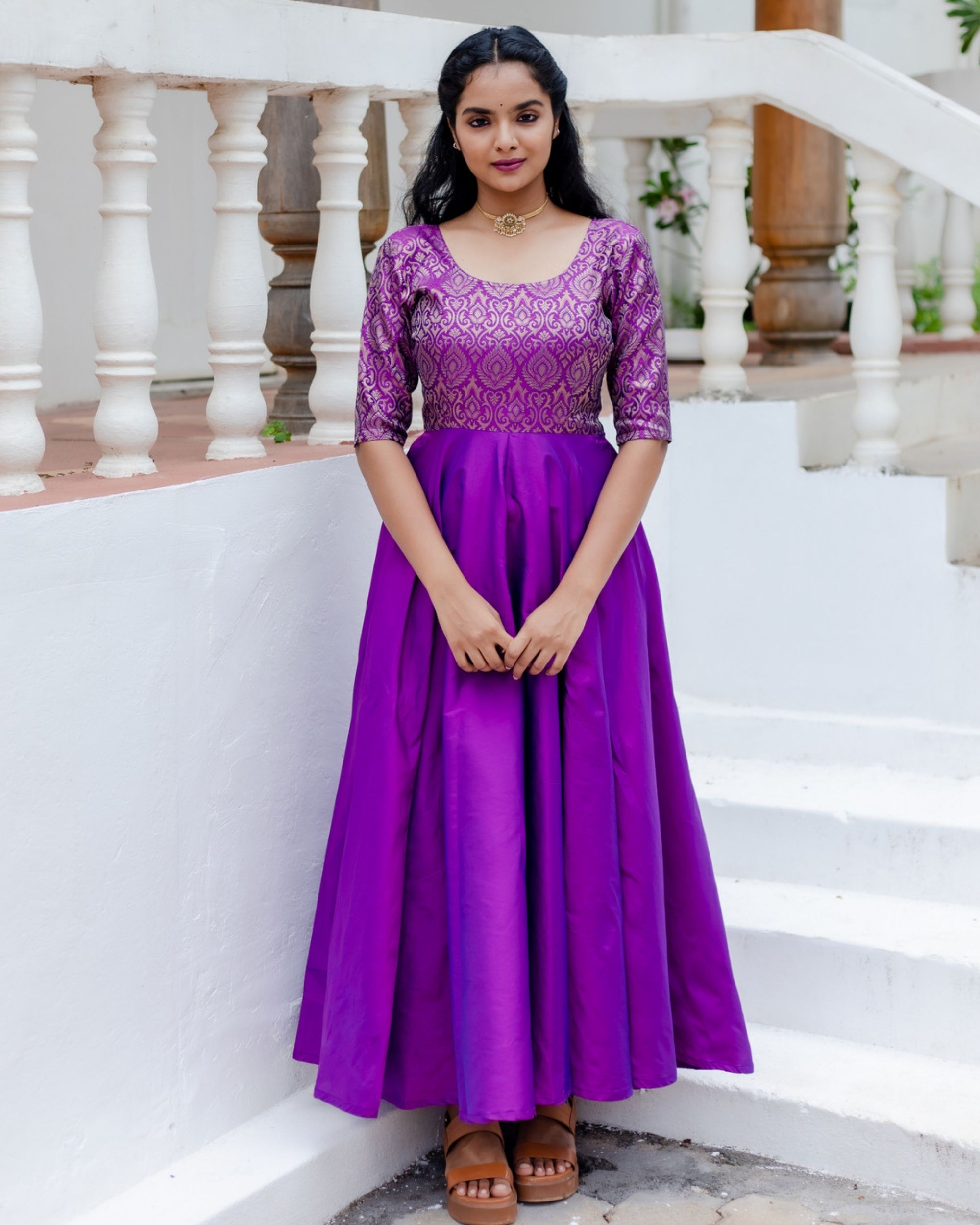 Violet silk brocade flared dress