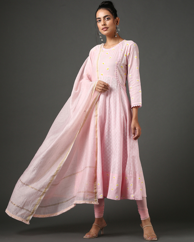 Powder pink rayon dress with ruffle dupatta - set of two by The Anarkali  Shop