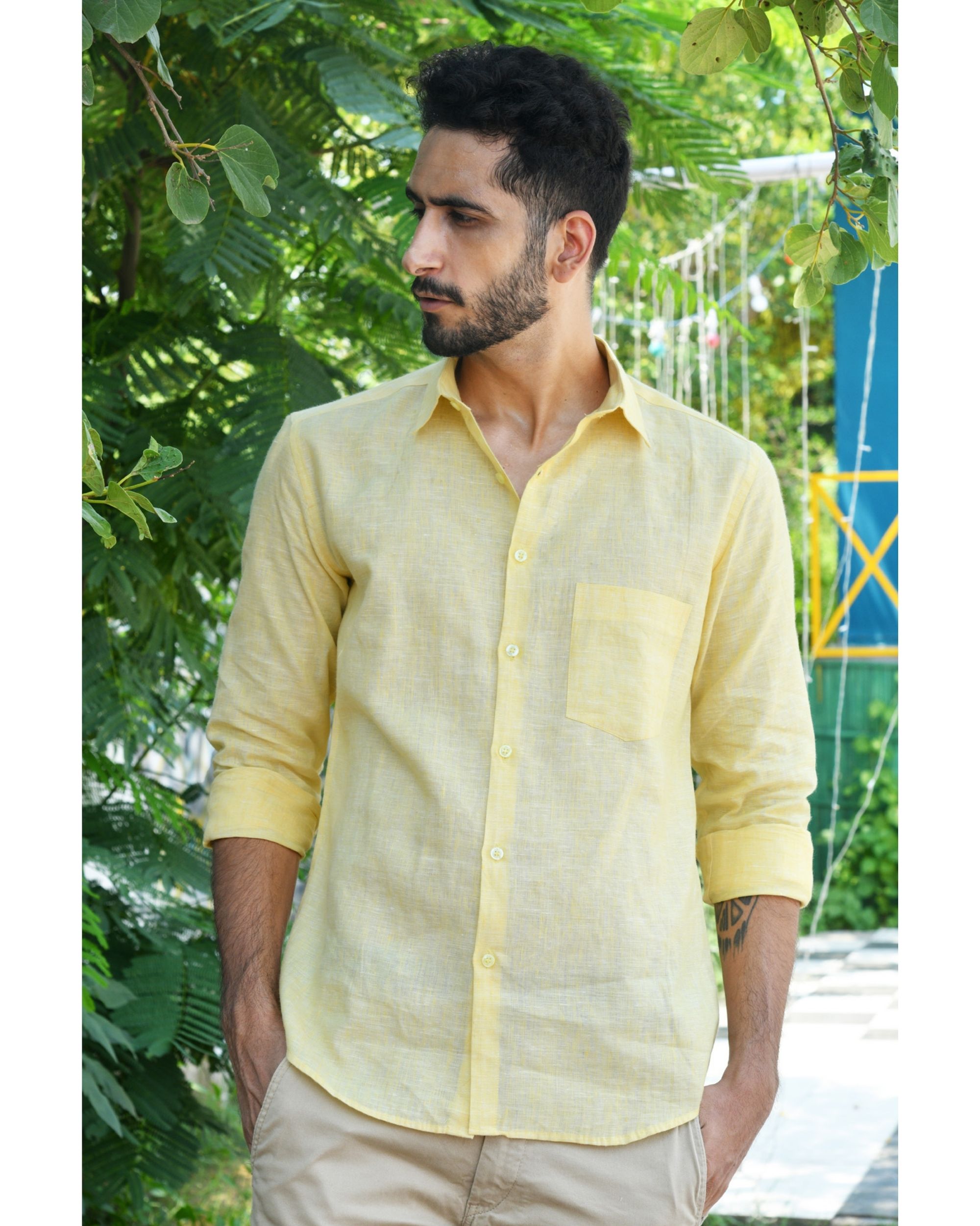 Pastel yellow linen shirt by Prints Valley | The Secret Label