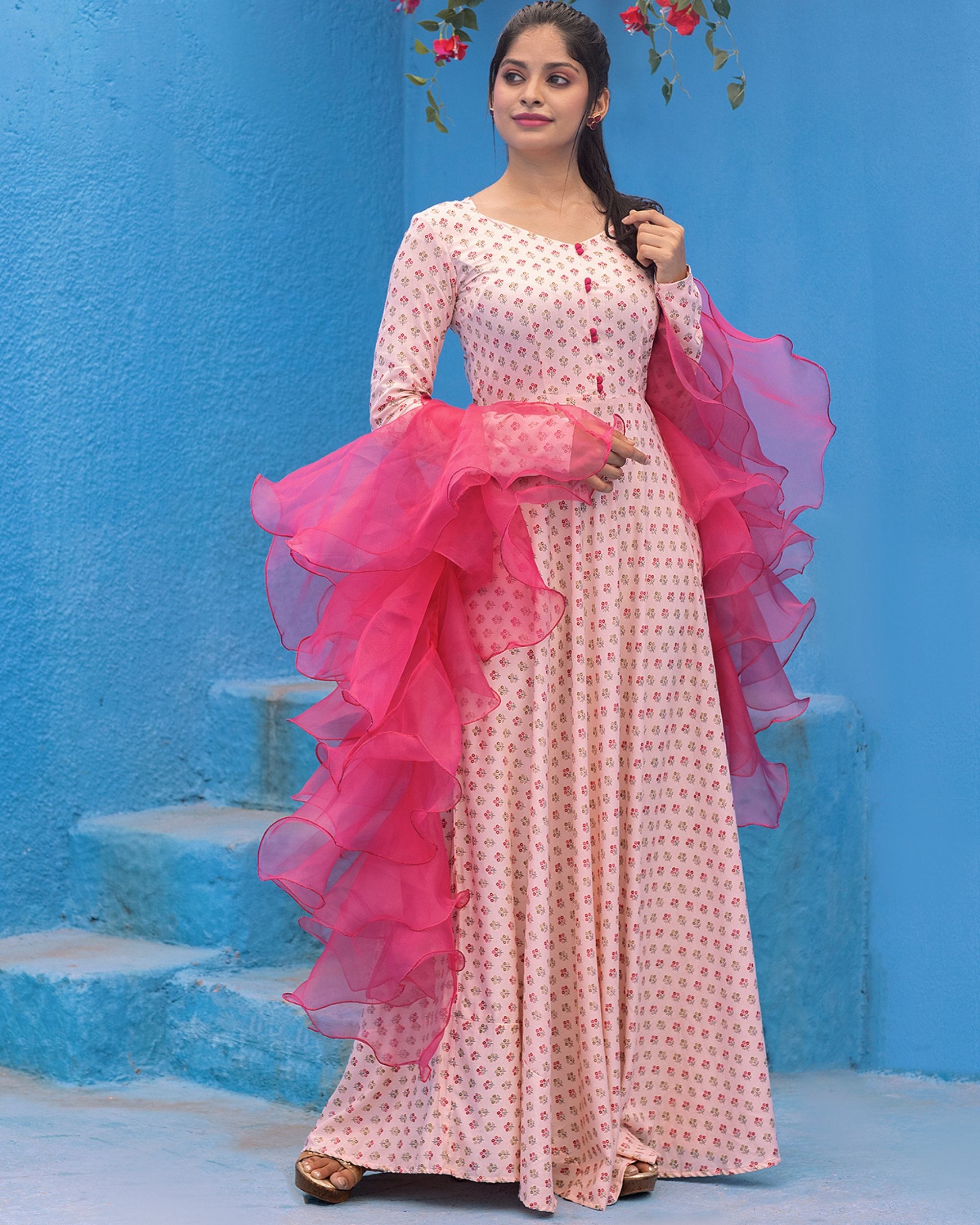 Powder pink rayon dress with ruffle dupatta - set of two by The Anarkali  Shop