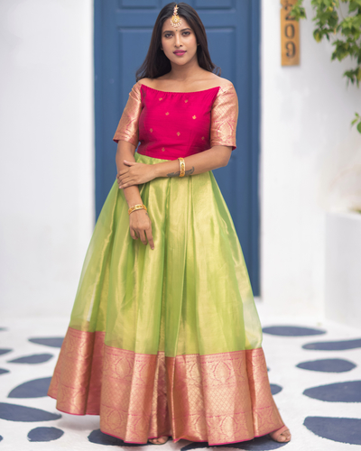 Pink and green off-shoulder tissue dress by The Anarkali Shop | The ...