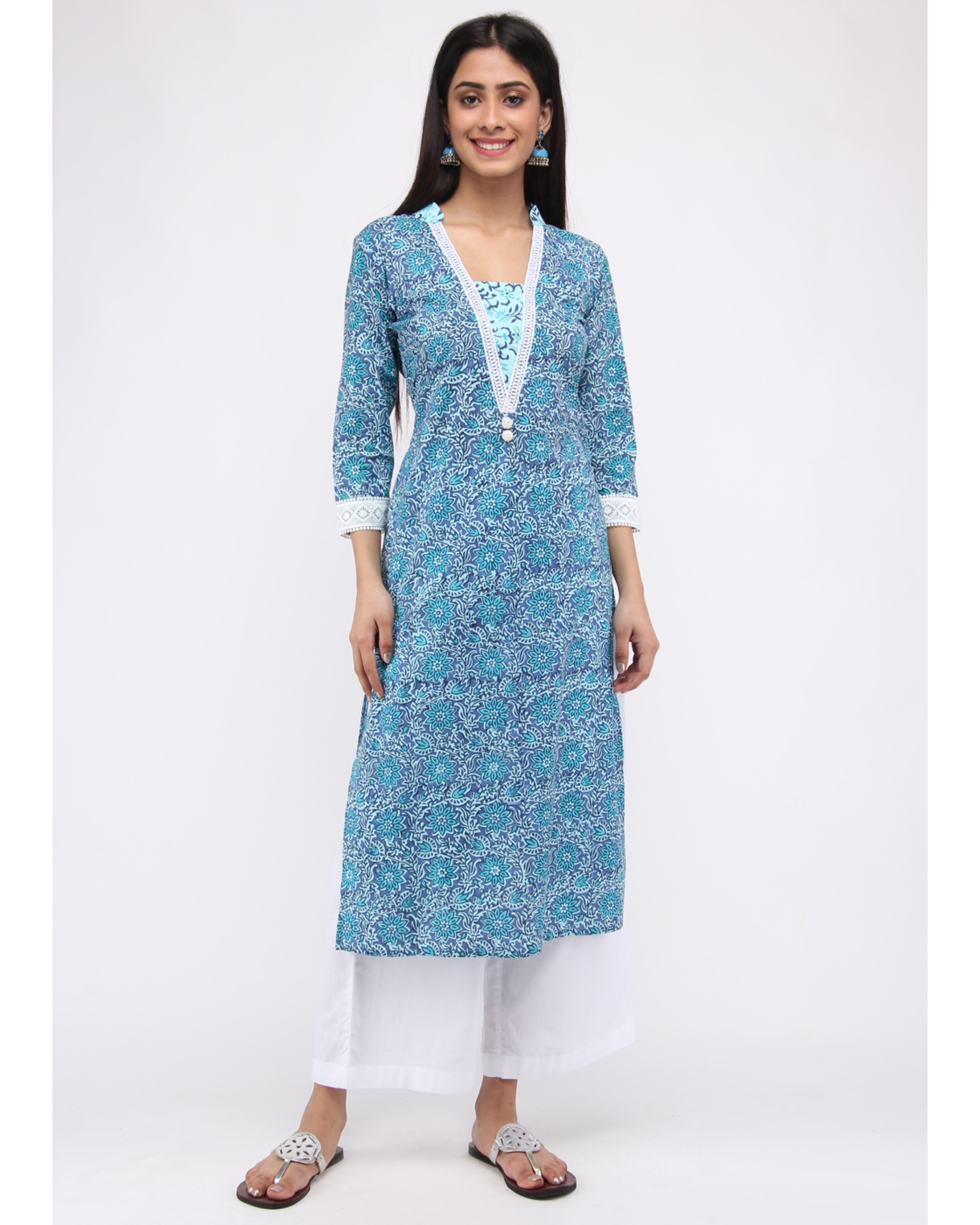 Ocean blue straight fit kurta with crochet lace work by Saangri  The  Secret Label