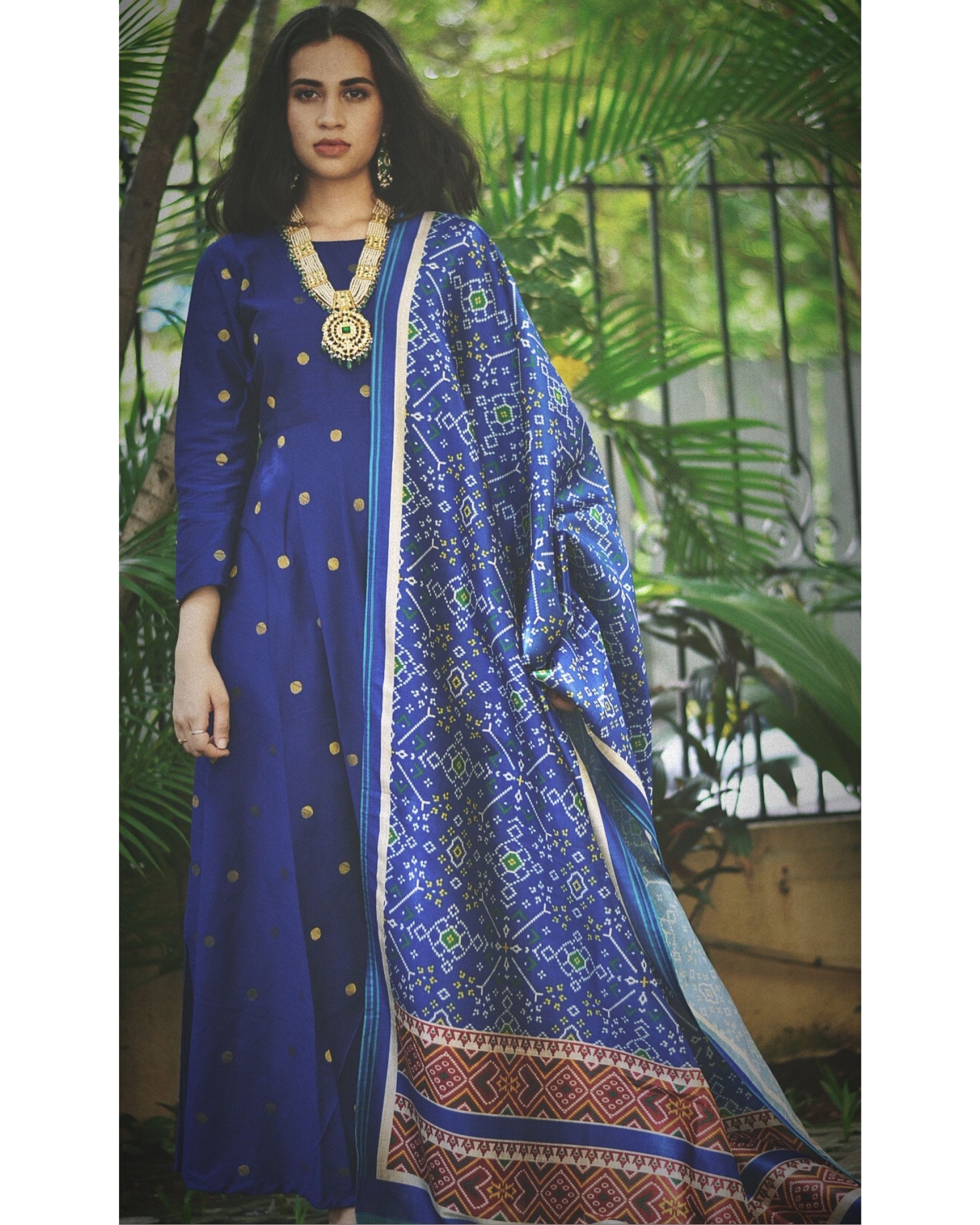 Blue root dress with dark blue patola dupatta - set of two
