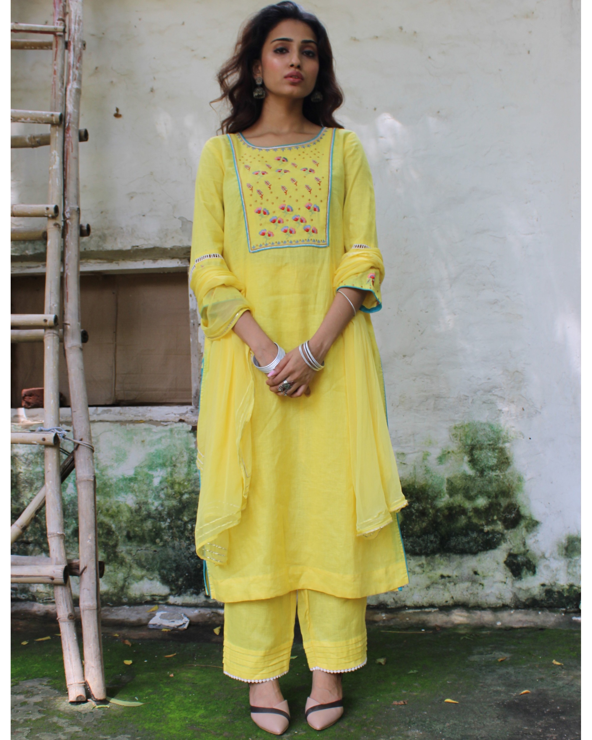 Embroidered yellow linen kurta-pants set - set of two