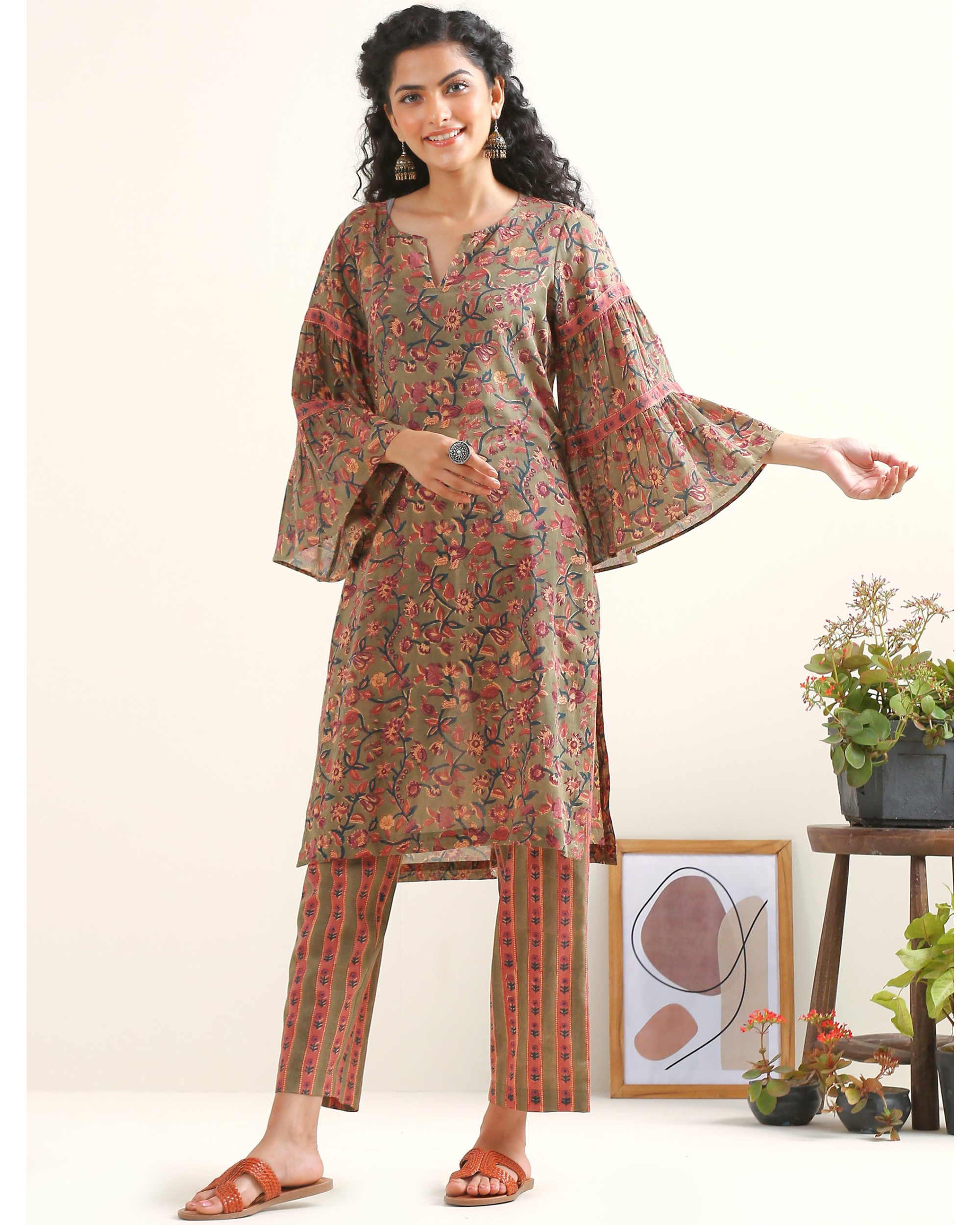Olive hand block printed cotton suit set - set of two
