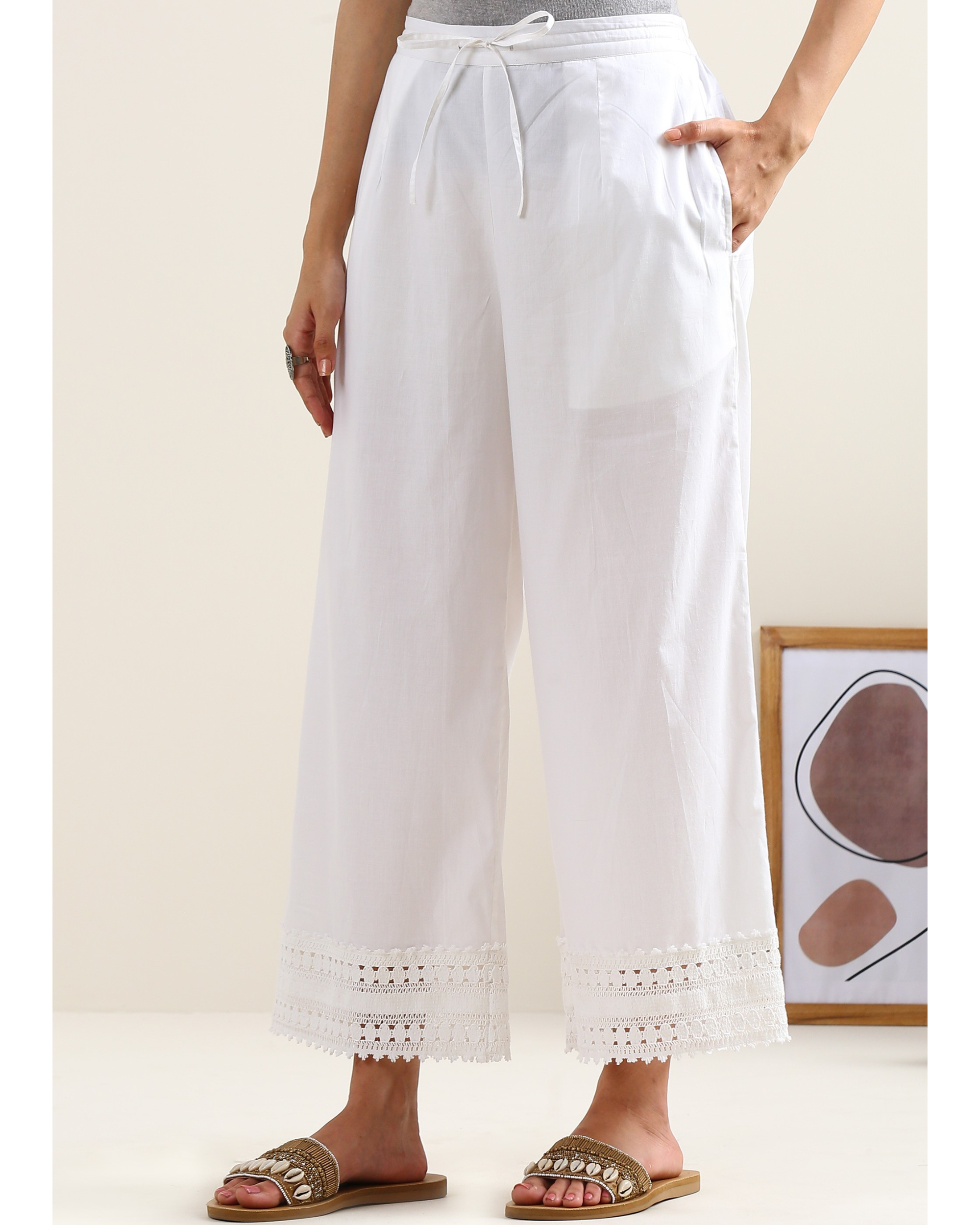 White cotton lace pants