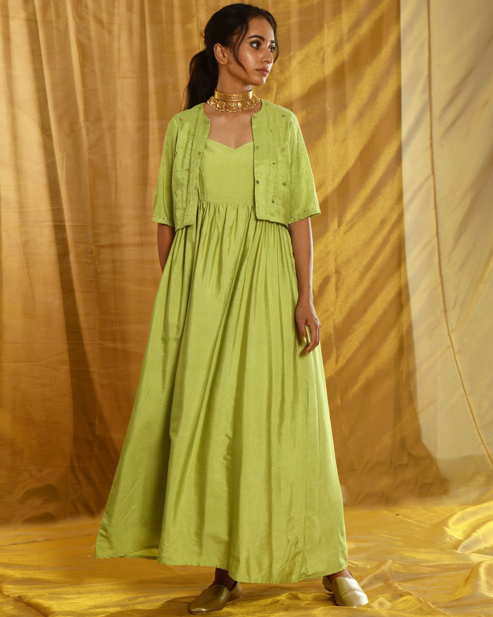 Green banarasi clearance dress