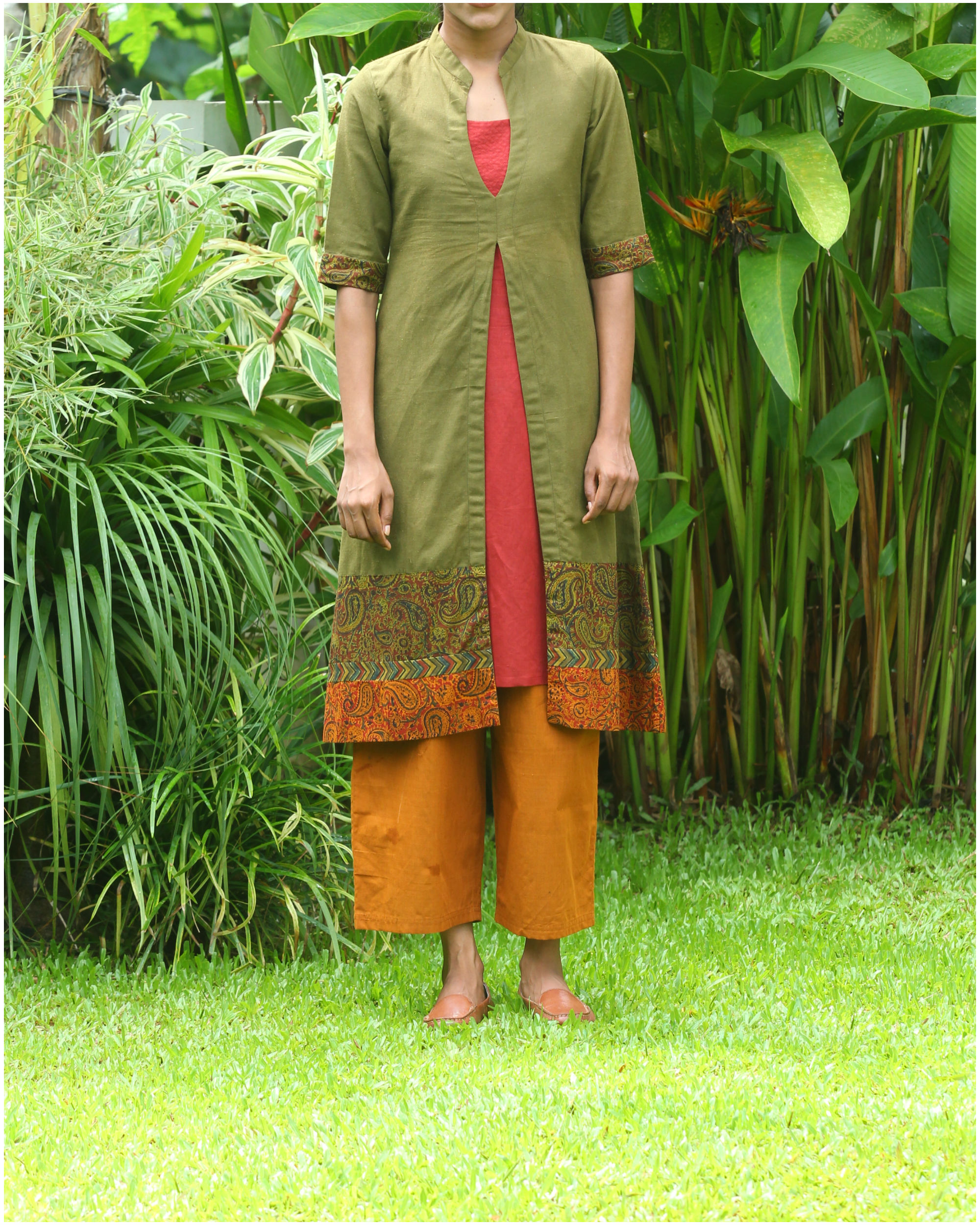Olive green overcoat with maroon kurti by Mantra | The Secret Label