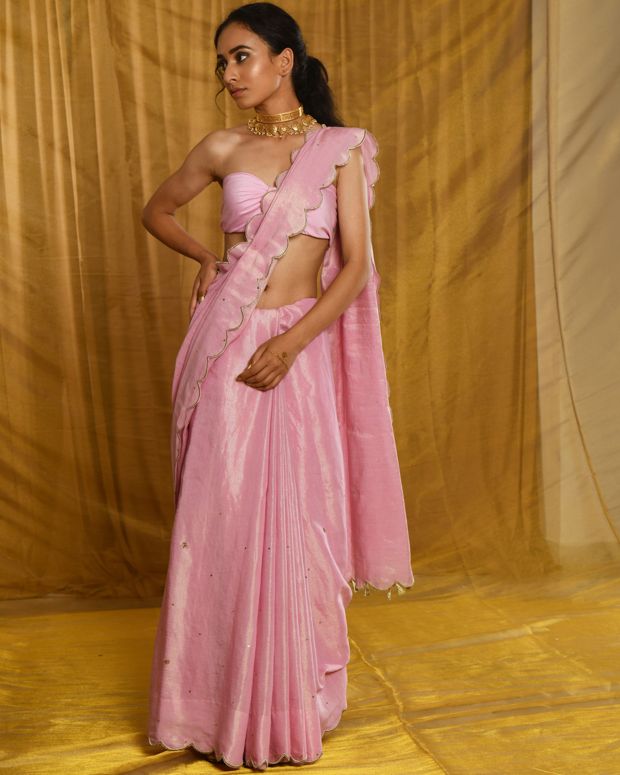Baby pink tissue chanderi sequins sari