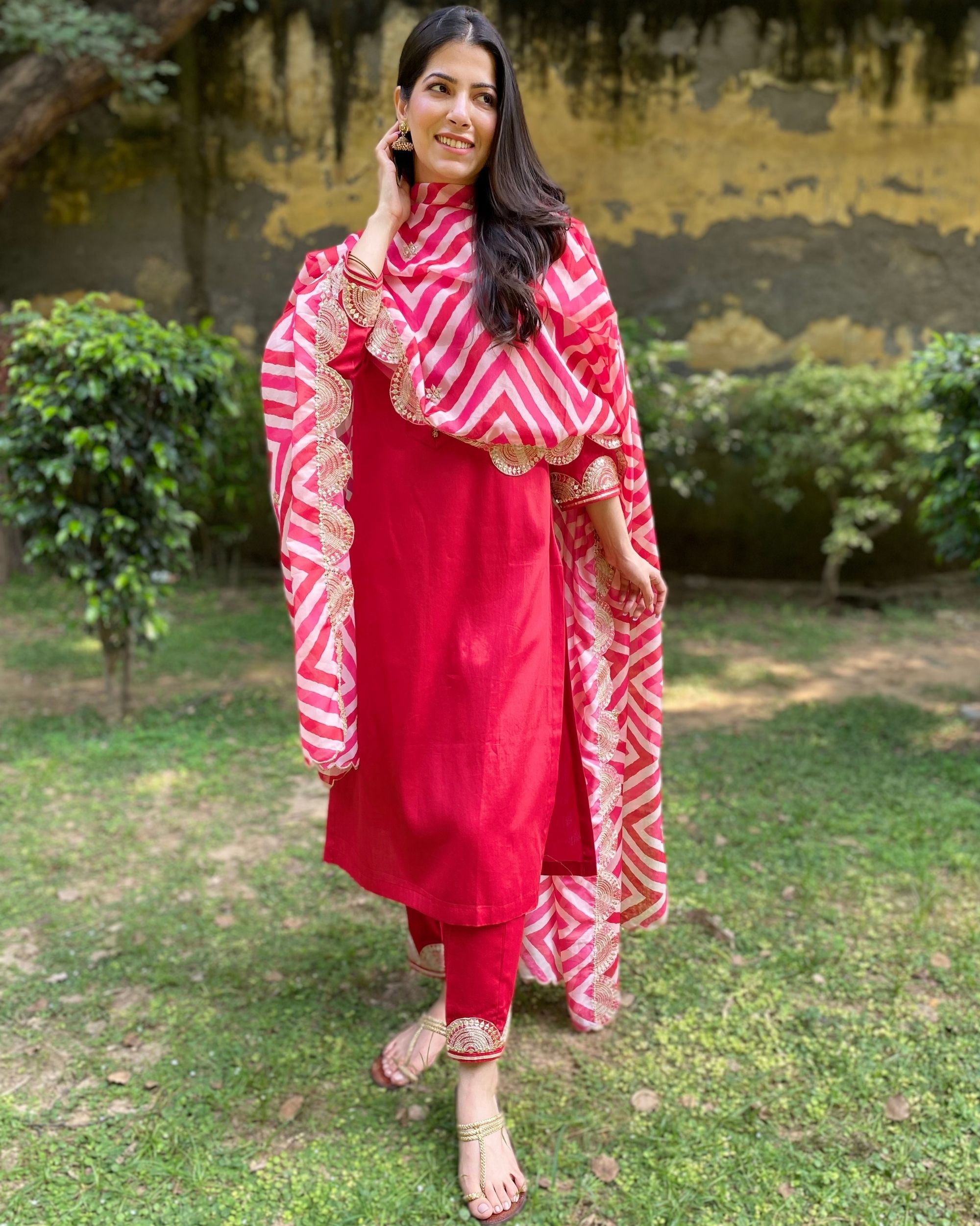 Red cotton silk kurta and pants with zig zag printed dupatta - set of three