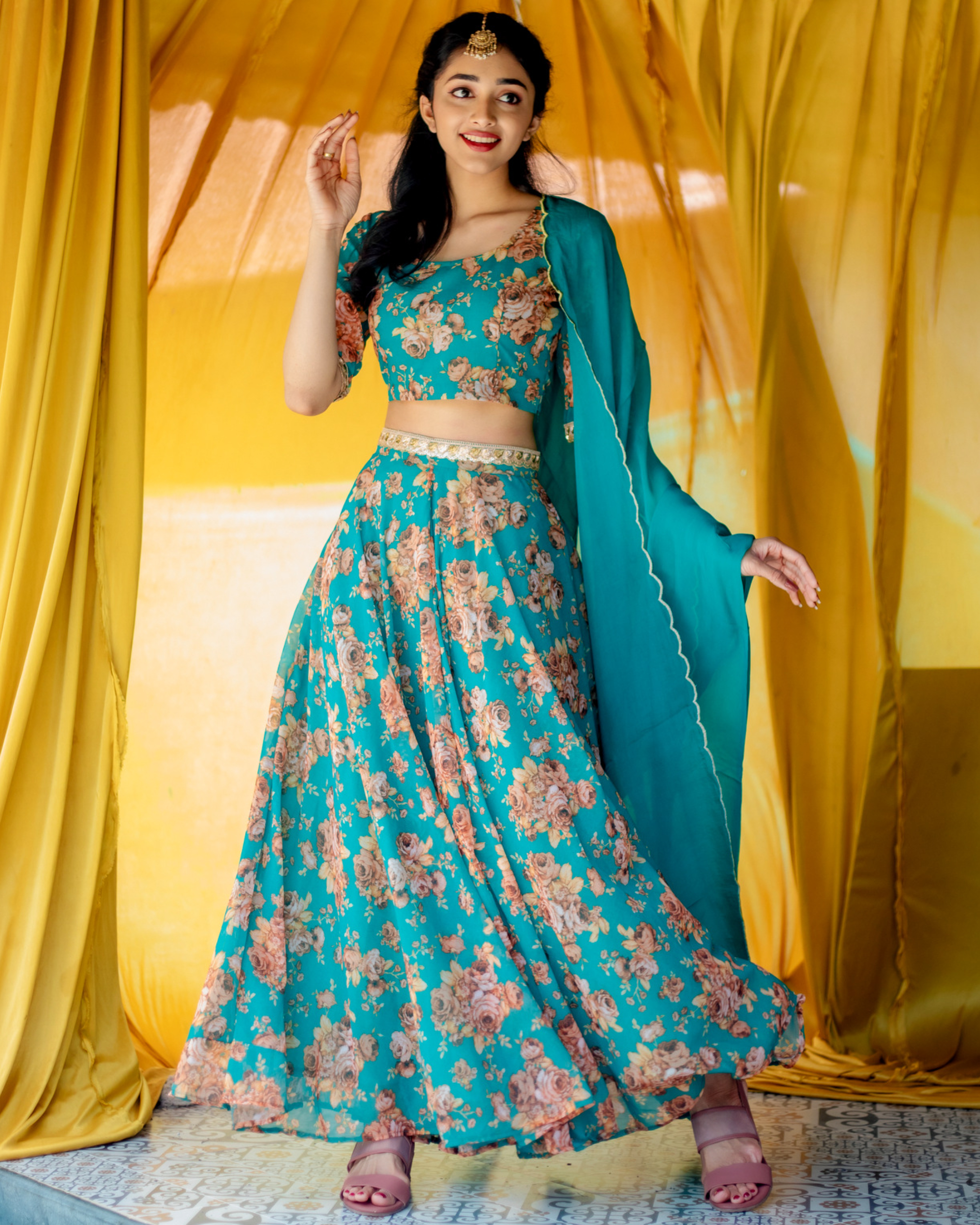Blue Georgette Fancy Shirt Style Crop Top With Printed Skirt