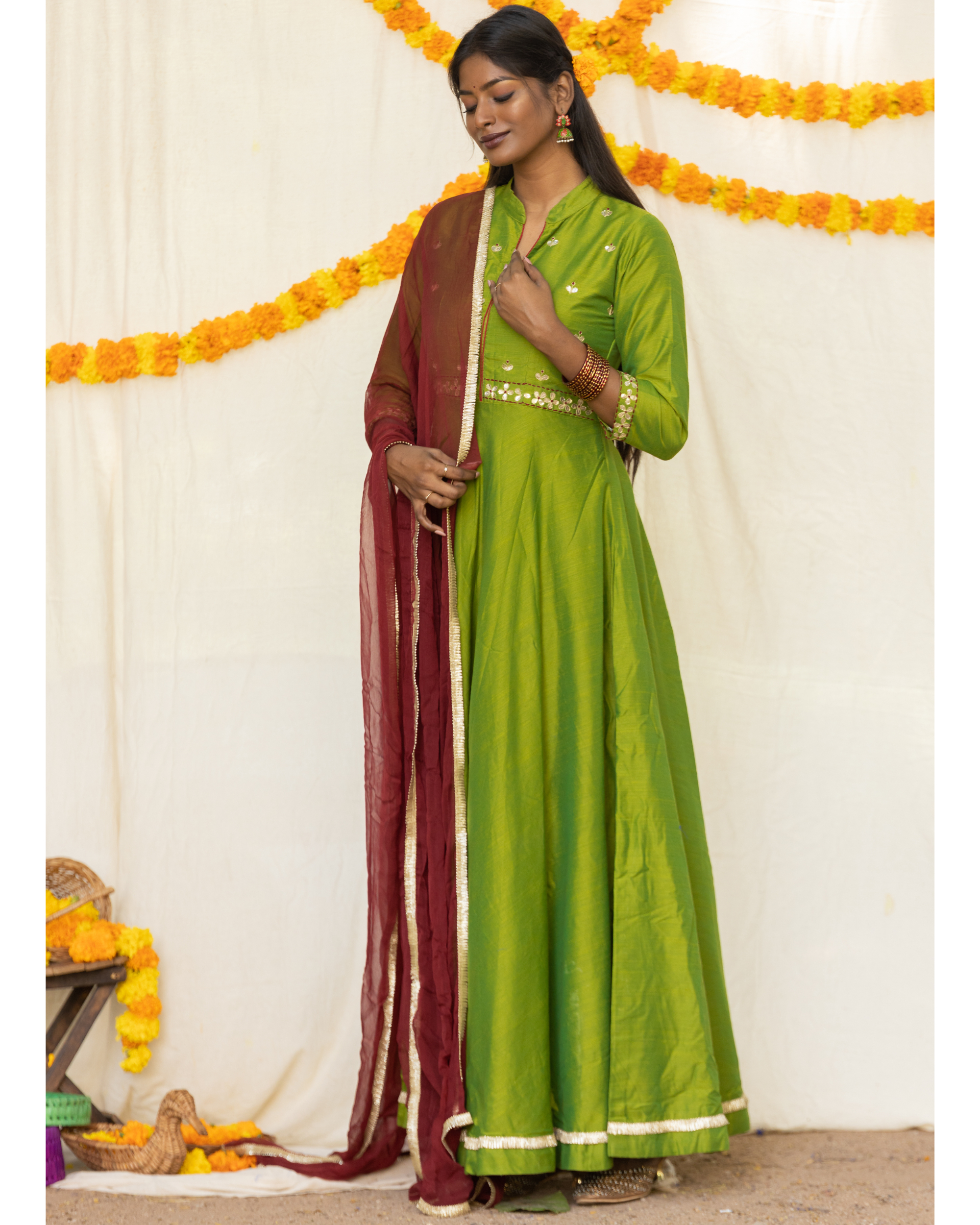 Lycra Mehendi Green Cape Sleeve Gown for Festival WJ028111