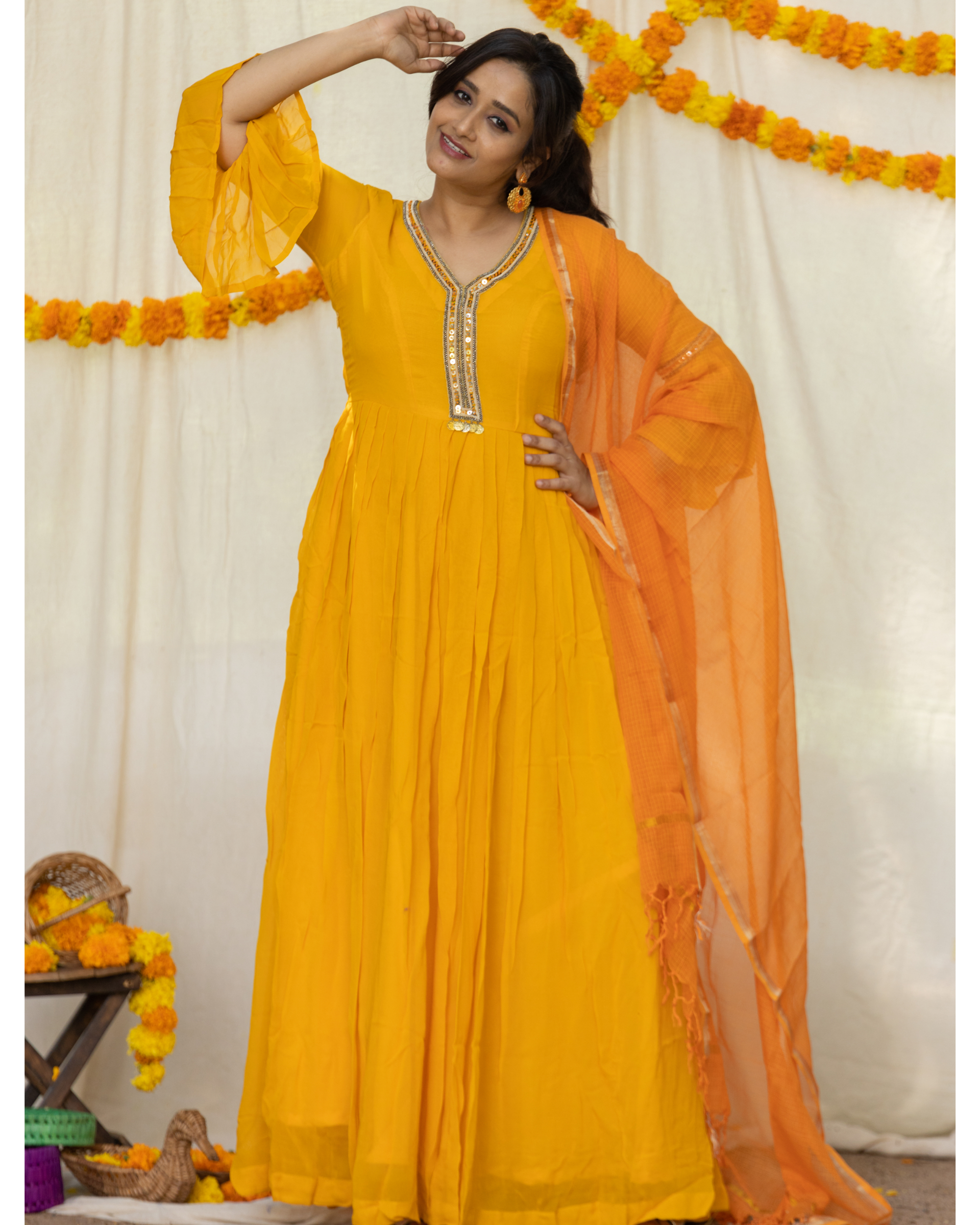 Yellow georgette dress with orange dupatta - set of two