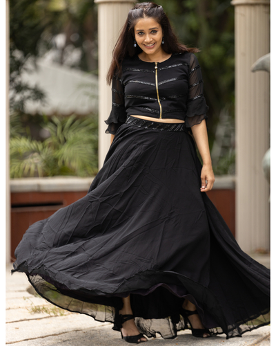 Long Skirt Outfit Black Skirt Online India Women Black Velvet Crop - Main Image
