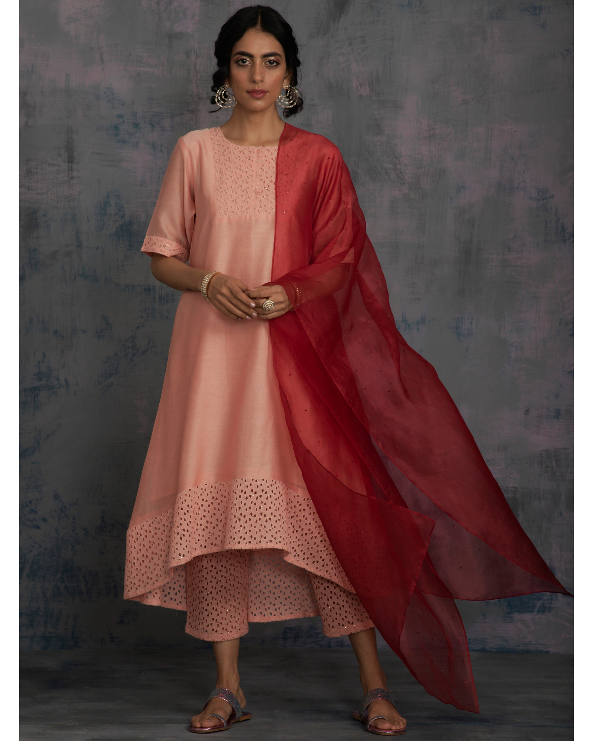 Pink high low kurta with pants and scarlet red dupatta - set of three