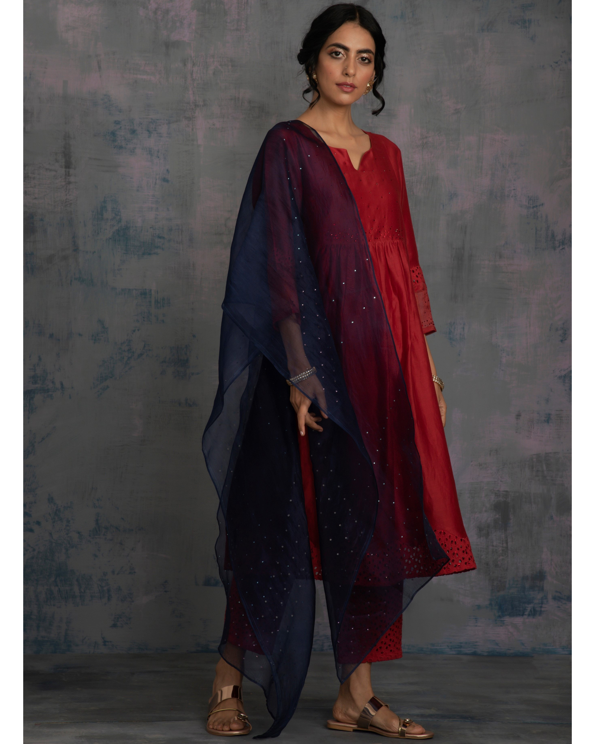 Scarlet red front gathered kurta with pants and midnight blue dupatta - set of three