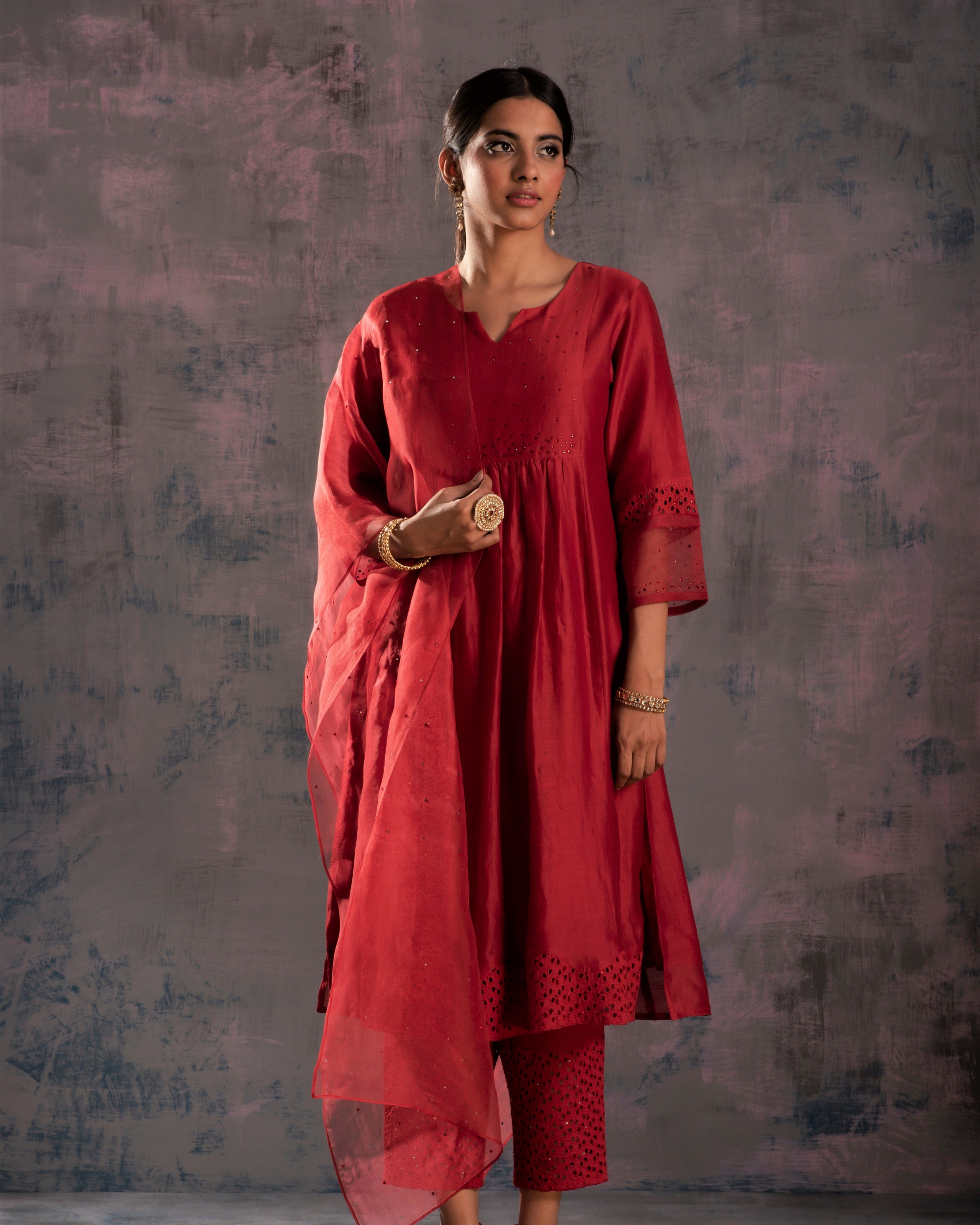 Scarlet red front gathered kurta with pants and dupatta - set of three