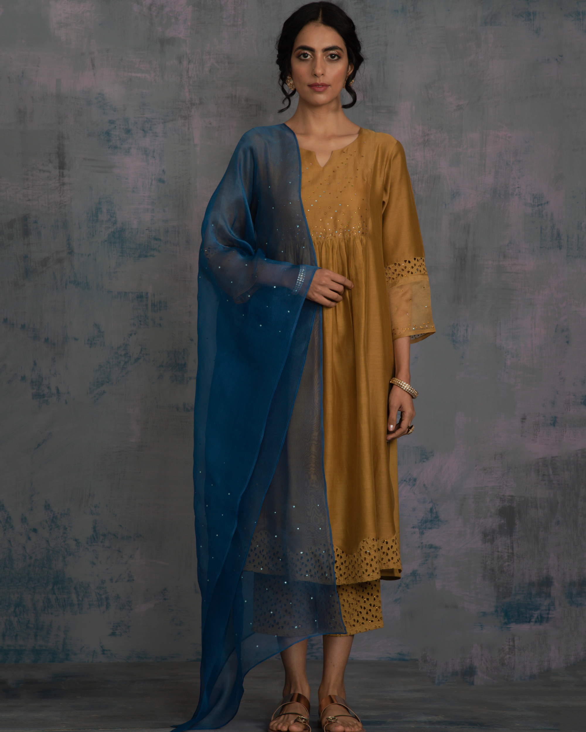 Gold front gathered kurta with pants and egyptian blue dupatta - set of three