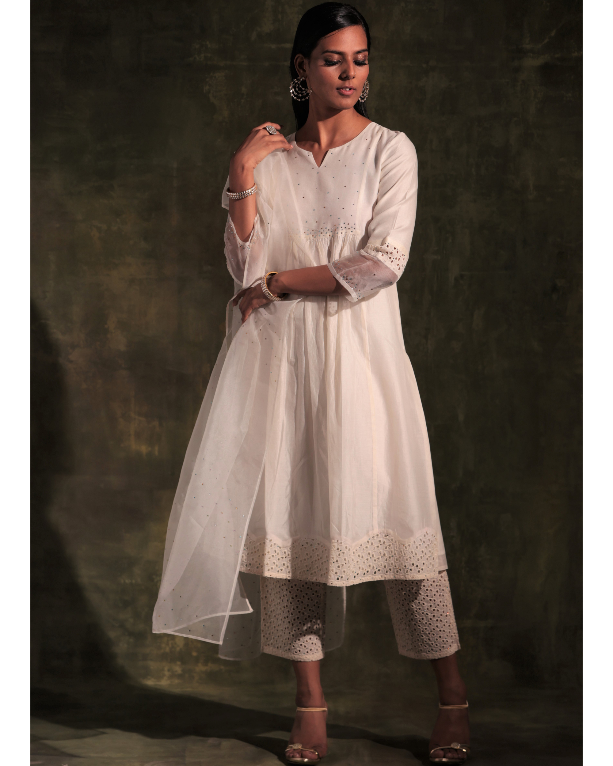 Pearl white front gathered kurta with pants and dupatta - set of three