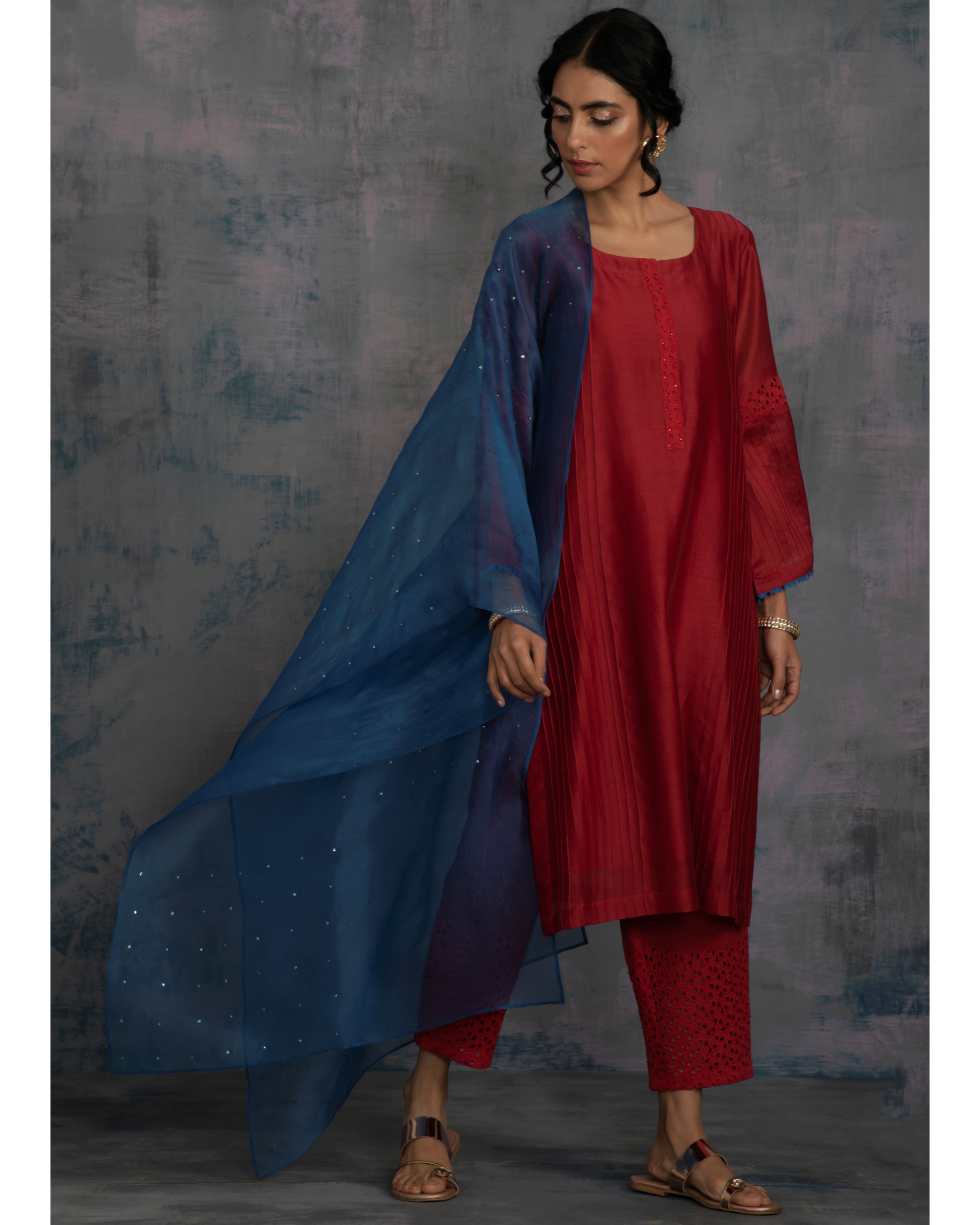 Scarlet red flared sleeves kurta with pants and egyptian blue dupatta - set of three