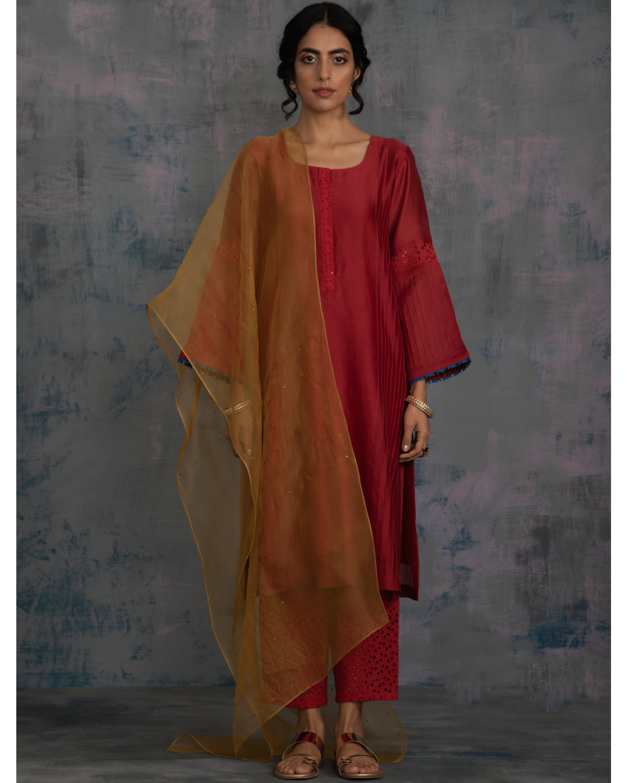 Scarlet red flared sleeves kurta with pants and gold dupatta - set of three