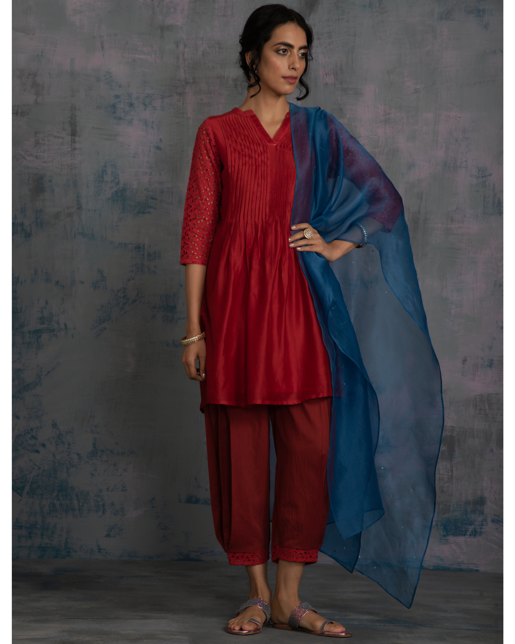 Scarlet red pintuck kurta with rust side pleated salwar and egyptian blue dupatta - set of three