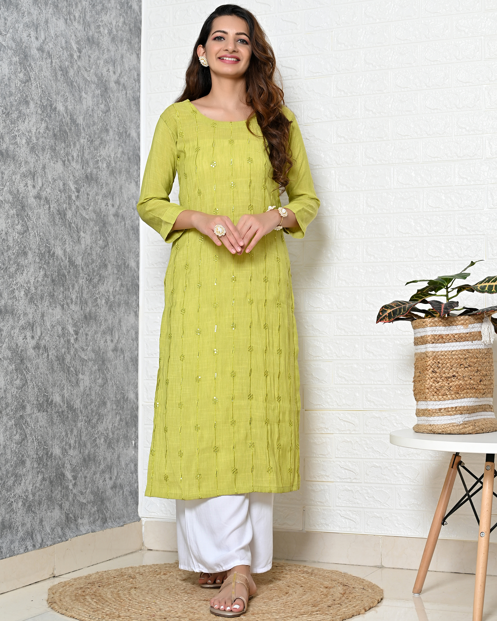 Floral embroidered parrot green kurta and palazzo set - set of two