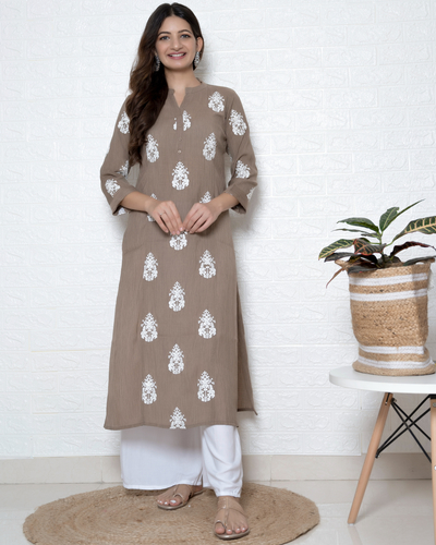 Mirror and thread embroidered blue kurta with white palazzo - set of two by  Half Full Half Empty