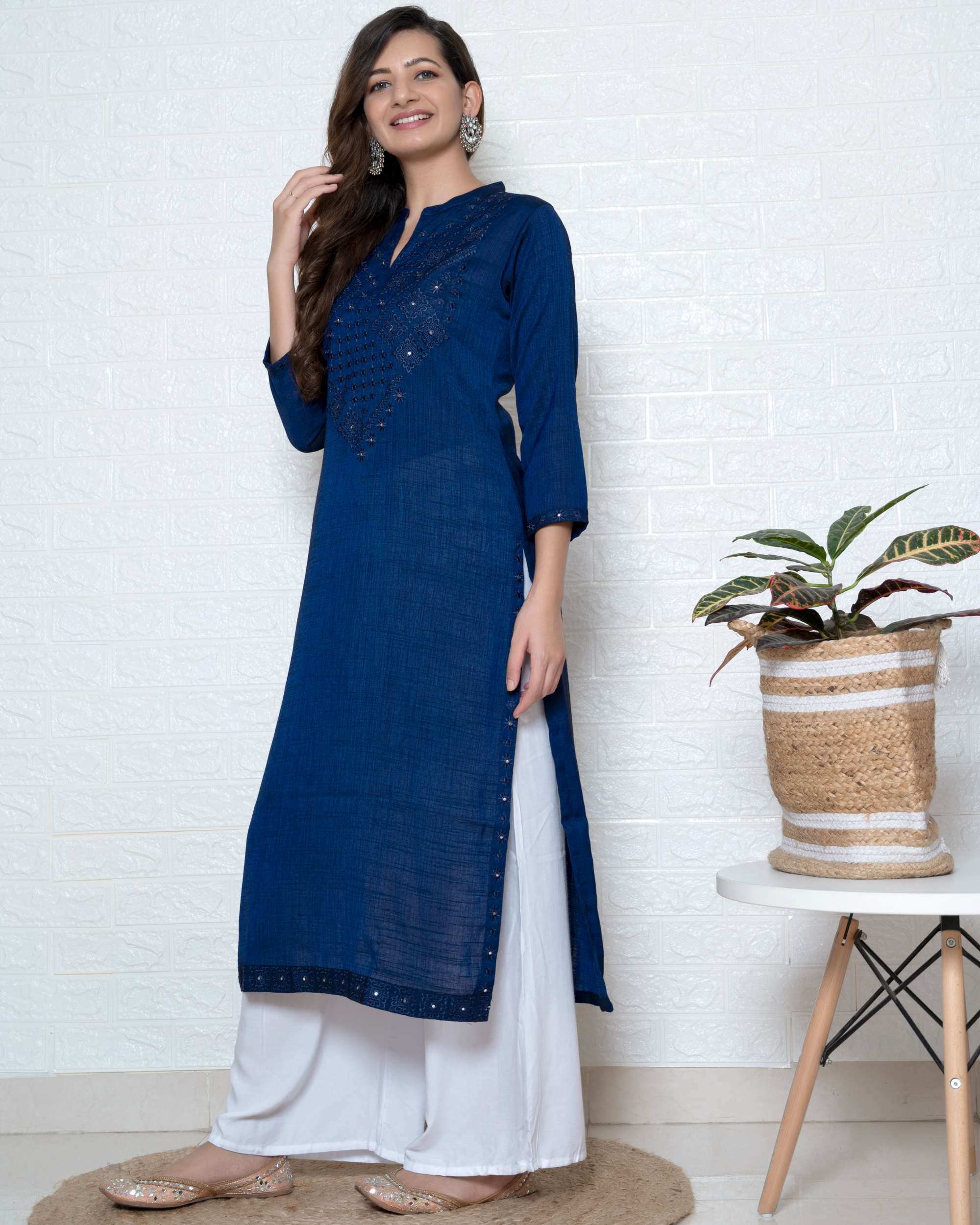 Mirror and thread embroidered blue kurta with white palazzo - set of two by  Half Full Half Empty