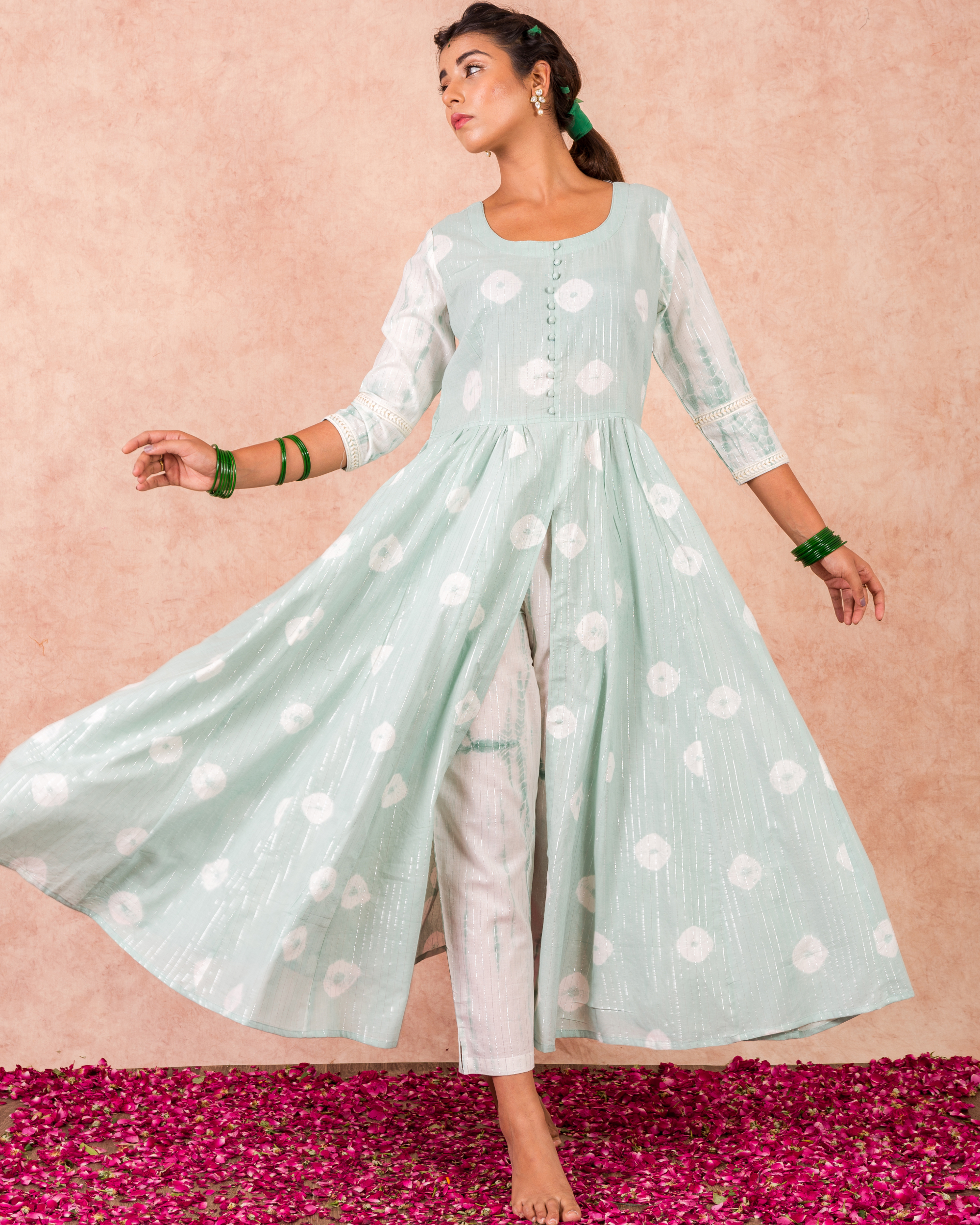 Flared mint kurta with straight pants  - set of two