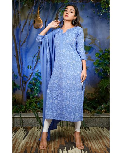 Blue chikankari kurta with off white pyjama - set of two by The Weave Story