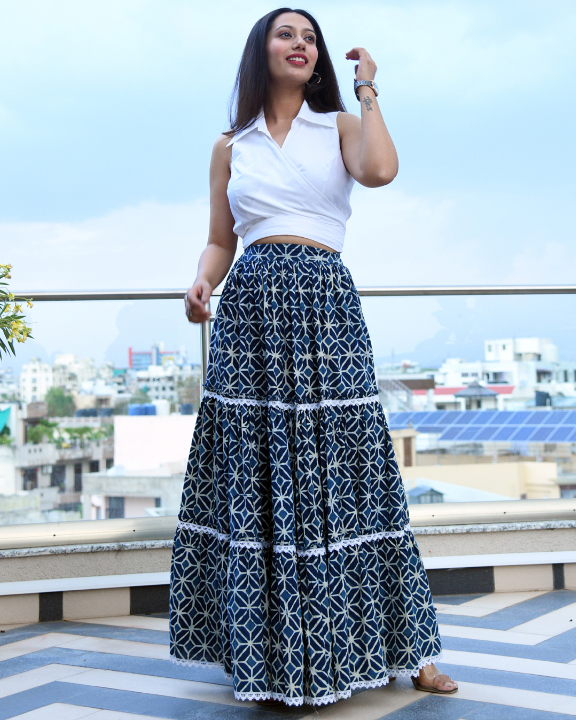 Navy blue skirt with white outlet shirt