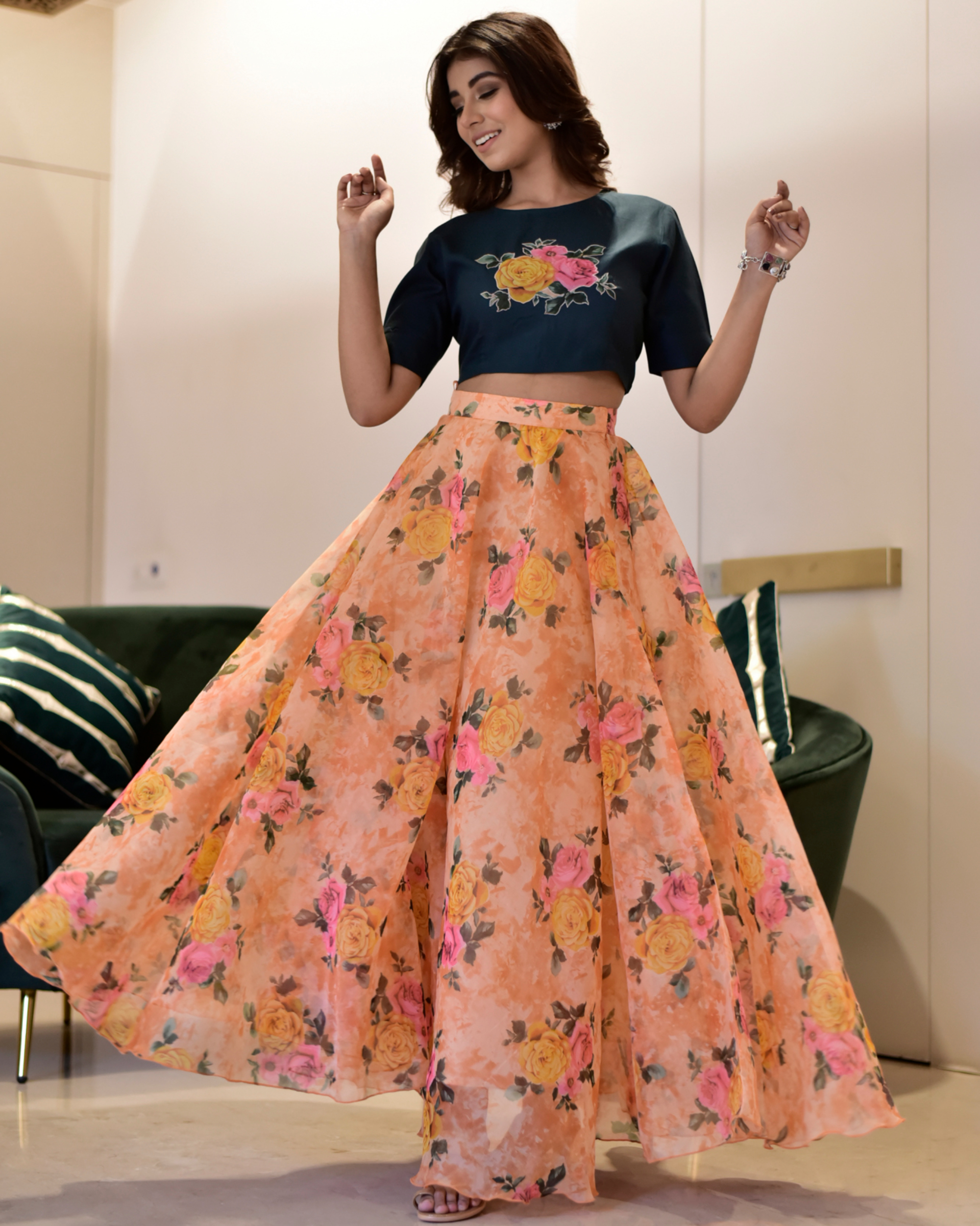 Green and orange rose garden top with skirt - set of two