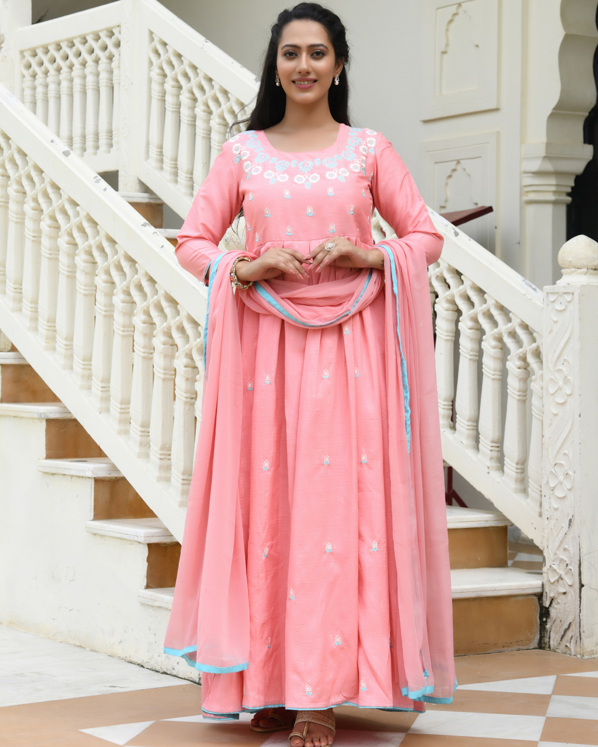 Peach pink embroidered dress with dupatta - set of two by Mulmul