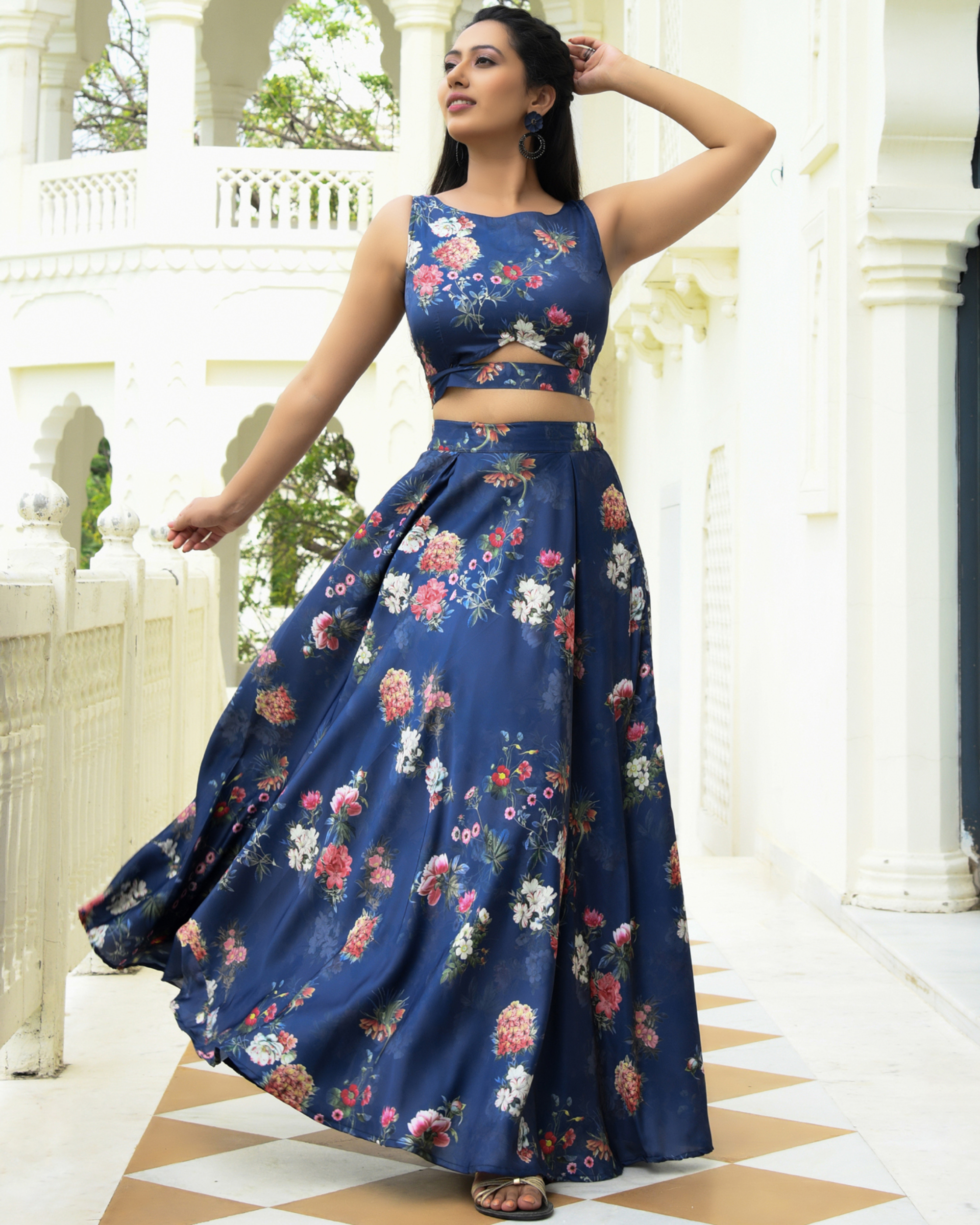 Floral printed blue top with skirt set - set of two by Mulmul