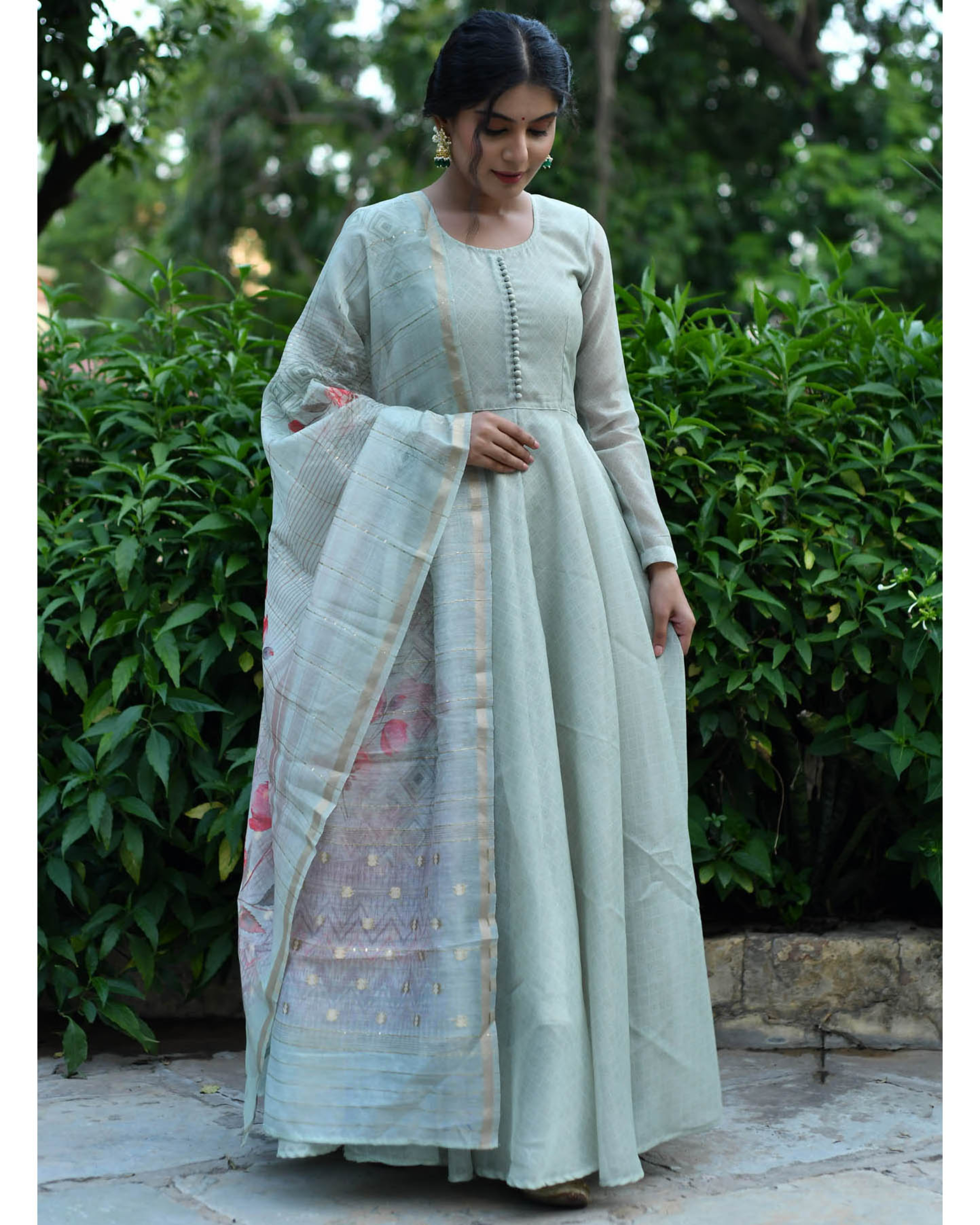 Pastel Green Dress With Dupatta - Set Of Two